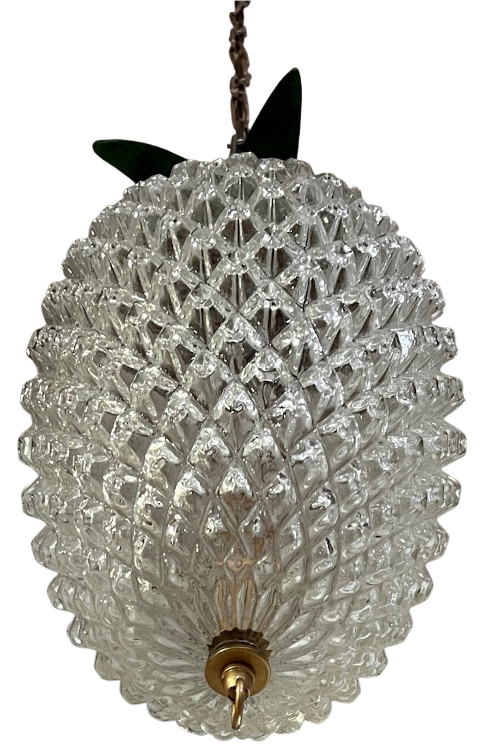 Vintage Clear Textured Glass Pineapple Pendant Lights Green Metal Leaves- A Pair - 5