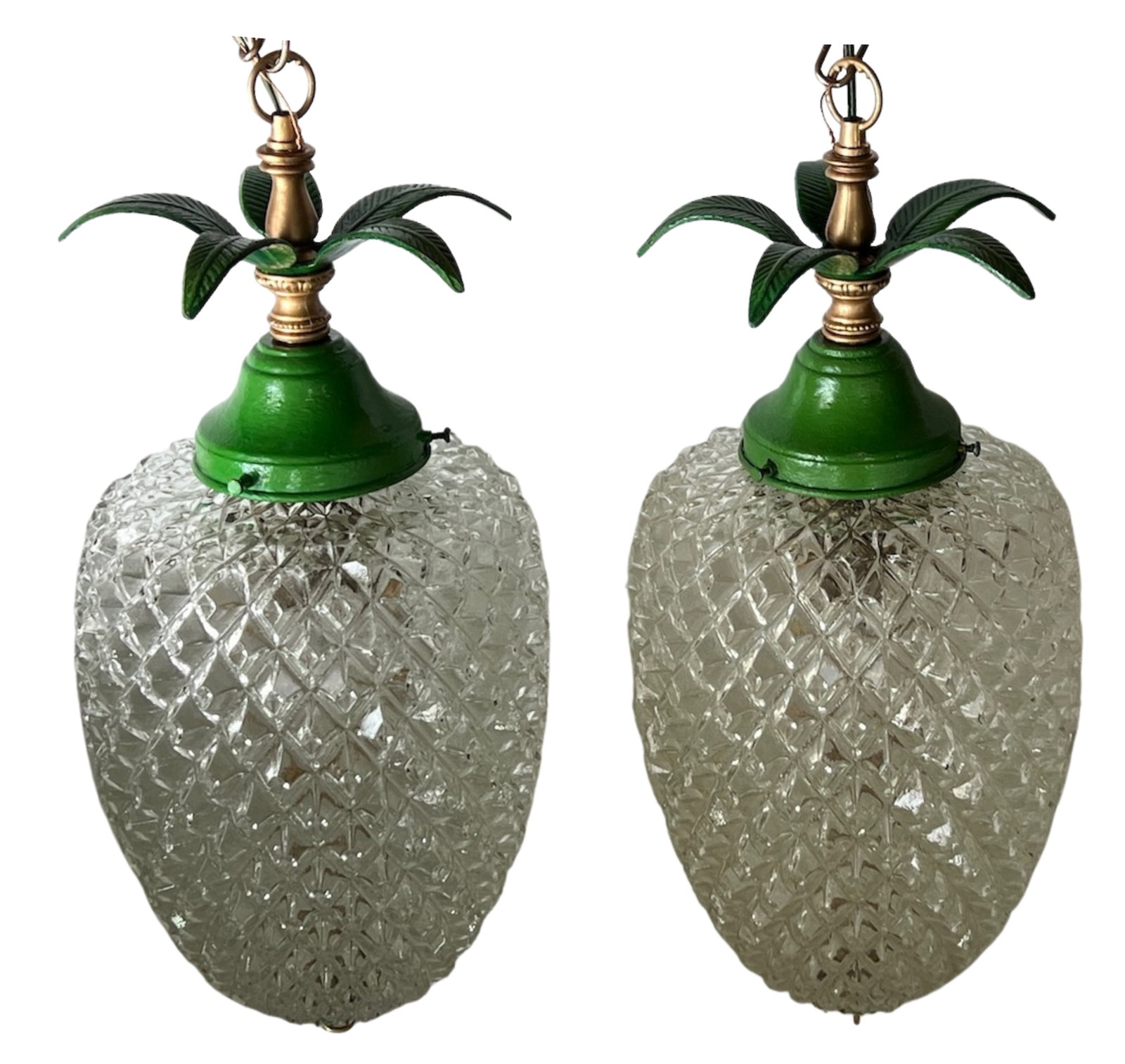 Vintage Clear Textured Glass Pineapple Pendant Lights Green Metal Leaves- A Pair - 7