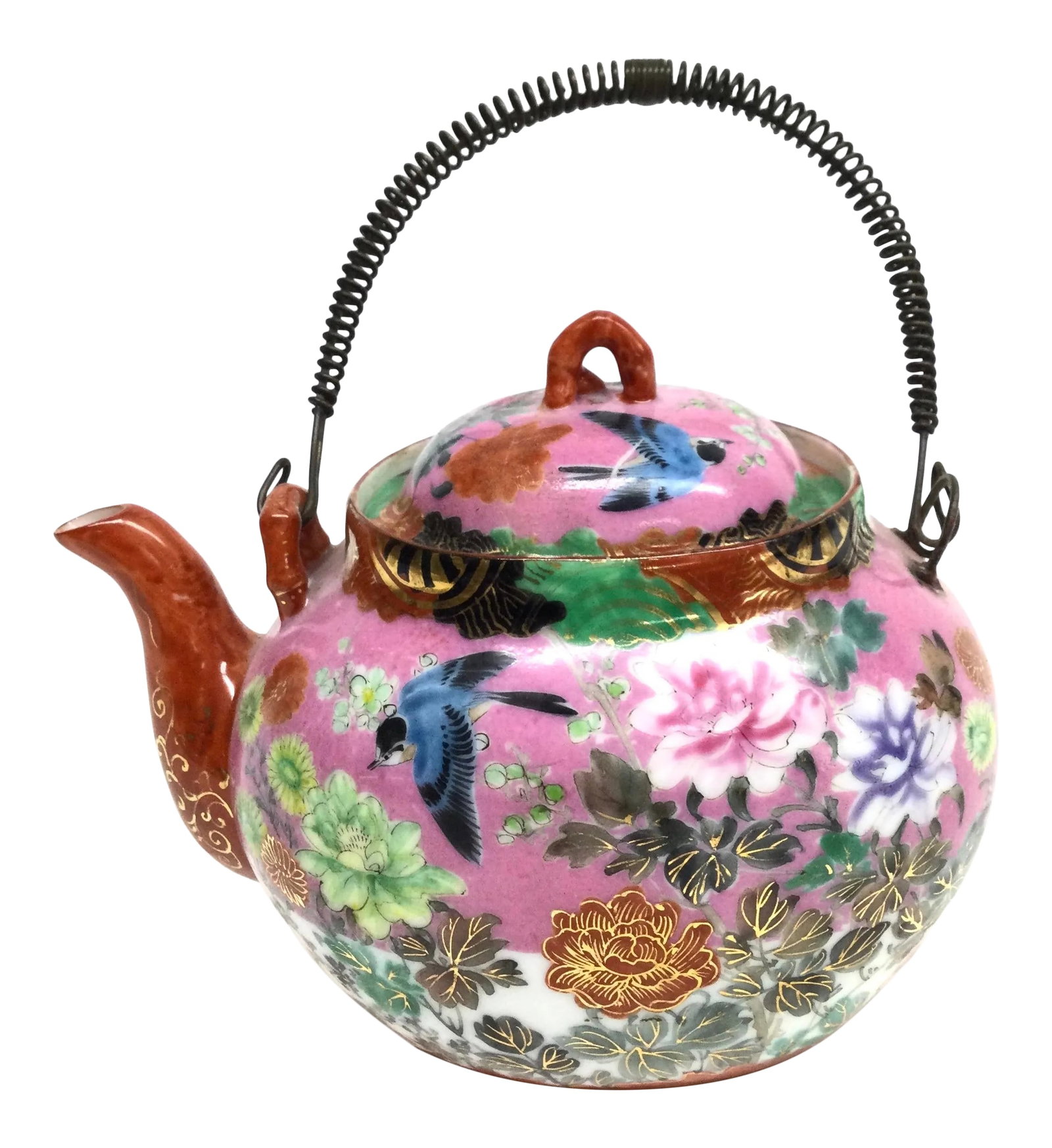 Antique Chinese Porcelain Tea Pot: Hand painted delicate porcelain with rich colors and superb details. Use this teapot in your space to impress your guests. The interior of the pot has an insert to hold the tea leaves as well as a scr