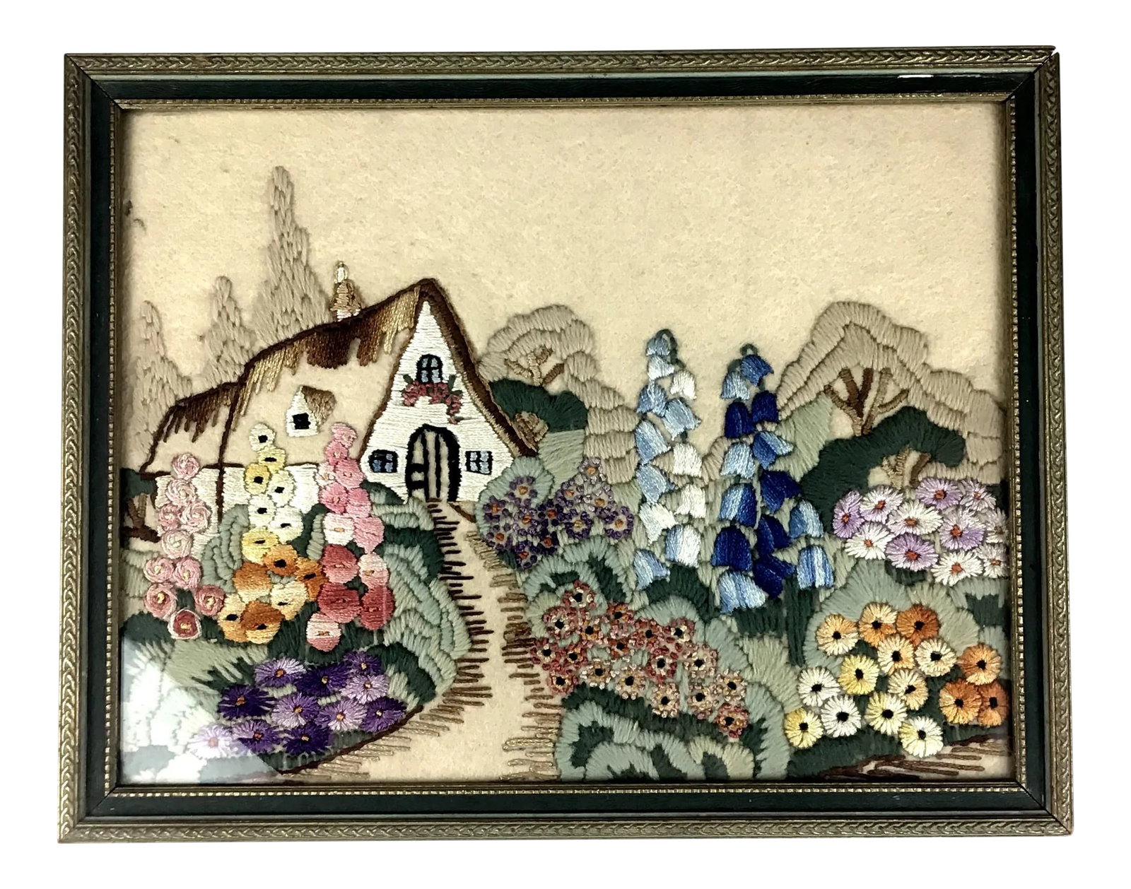 Antique Framed Hand Crocheted Textile Work of Art: Framed by a company which was in business not later than the late 1800's. All hand crocheted with felt background and thread stitches made of silks and wools. Various bright colors depicting a house