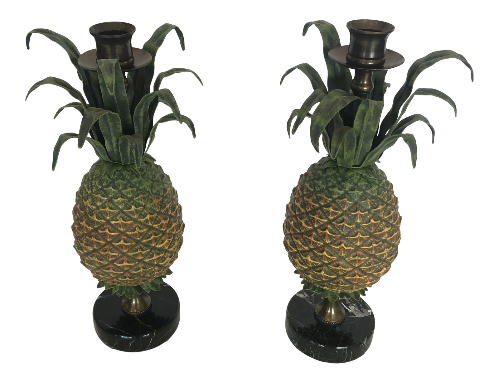 Tole and Brass Pineapple Candlesticks - a Pair: An eye-catching pair of painted tole, iron and brass candlesticks having wonderful pineapple motife. Condition: Alterations: Original Condition Unaltered Imperfections: Some Imperfections Condition
