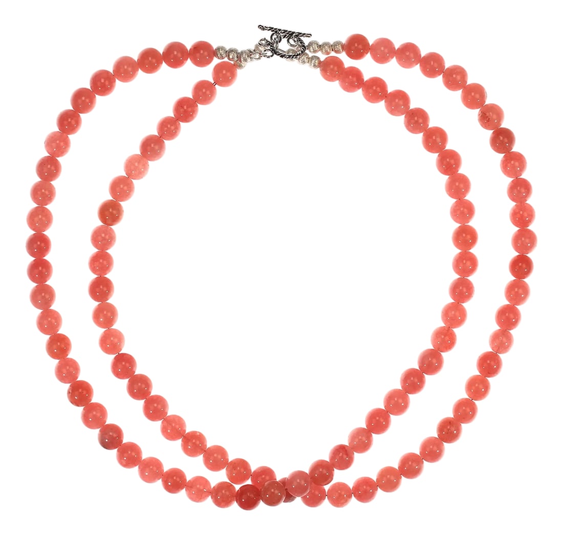 Ajd 21 Inch Peachy/Pink Agate Two Strand Perfect Summer Necklace: This beautiful 21-inch two-strand necklace features smooth, highly polished agate beads in soft peachy-pink tones that glow with subtle translucence. Each 10 mm agate bead offers a delicate blend of