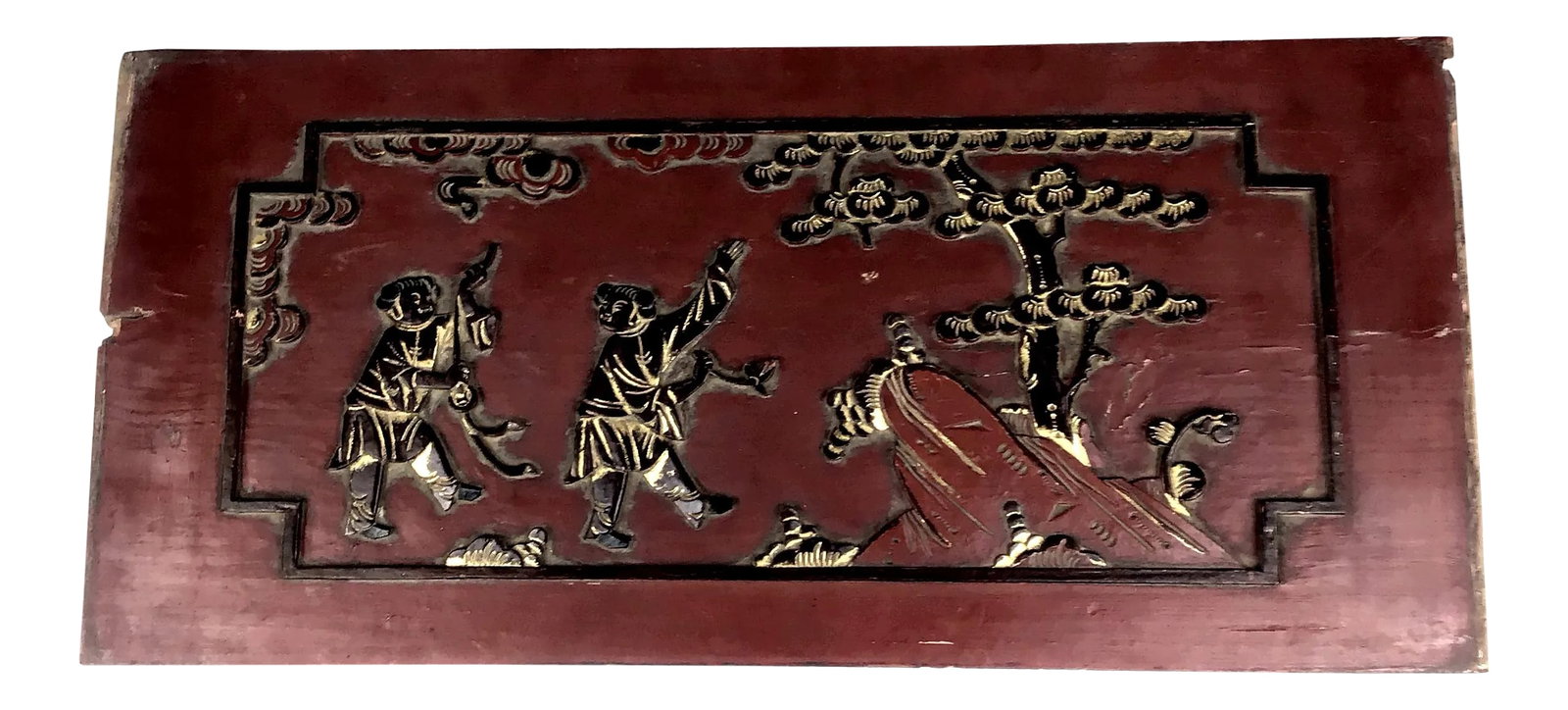 Antique Carved Wood Gold Relief Chinese Wall Panel: Chinese Gilt Gilded Wood Carved Relief Wall Panel. This panel was probably part of a large bed, a larger piece of furniture, or other carved royal work of art. This panel depicts two young ladies danc