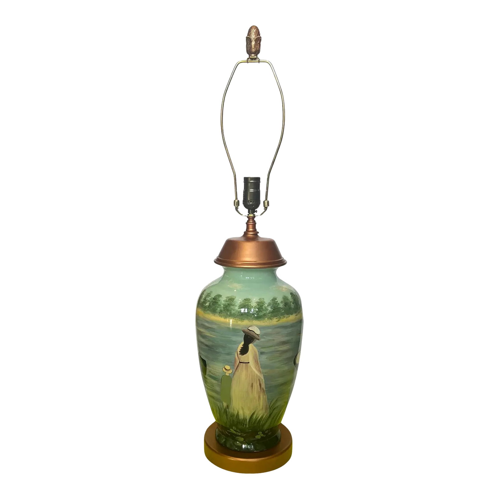 Vintage Toyo Hand Painted Ceramic Lake Boating Scene Table Lamp: This vintage Toyo porcelain table lamp features a beautifully hand-painted lakeside boating scene. The lamp's bulbous ceramic body serves as a canvas for an impressionistic depiction of a tranquil lak