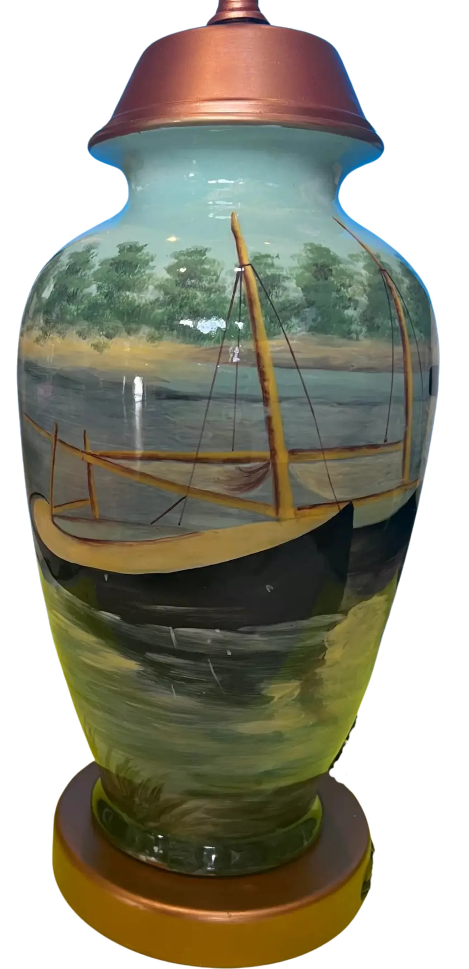 Vintage Toyo Hand Painted Ceramic Lake Boating Scene Table Lamp - 6