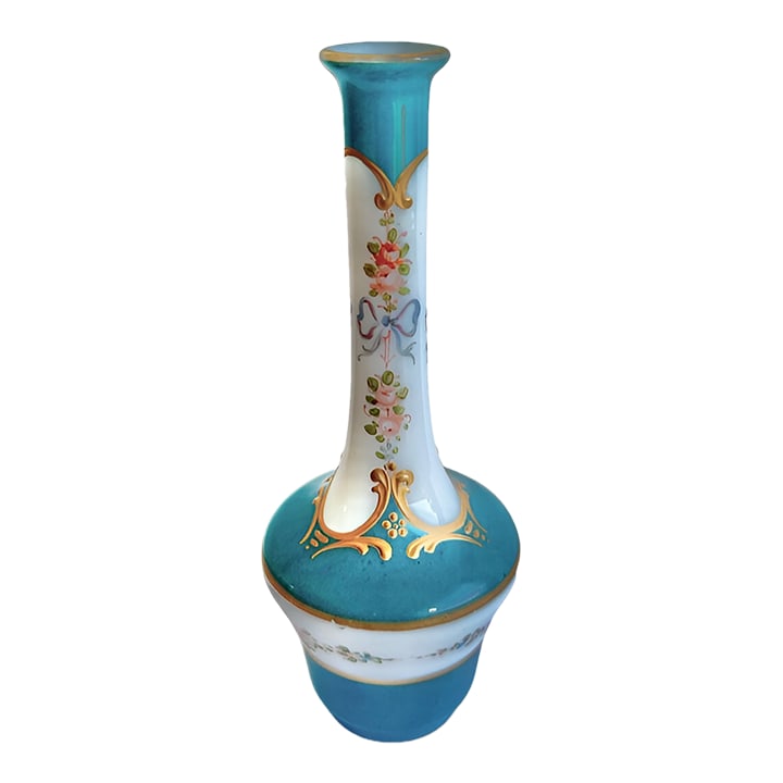 Antique French Opaline Glass Bud Vase With Gilt Lip, Bows & Flowers, 1900, Paris: Gorgeous antique petite glass opaline bud vase in the style of Marie Antoinette. It's rare to find a painted opaline having been lovingly treated and washed by hand for 100 years. It's a delicate