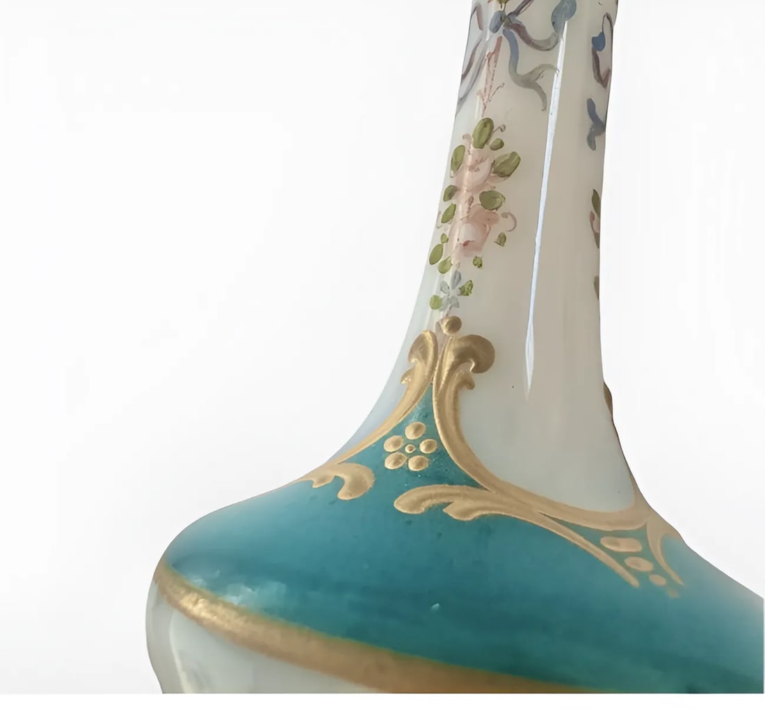 Antique French Opaline Glass Bud Vase With Gilt Lip, Bows & Flowers, 1900, Paris - 2