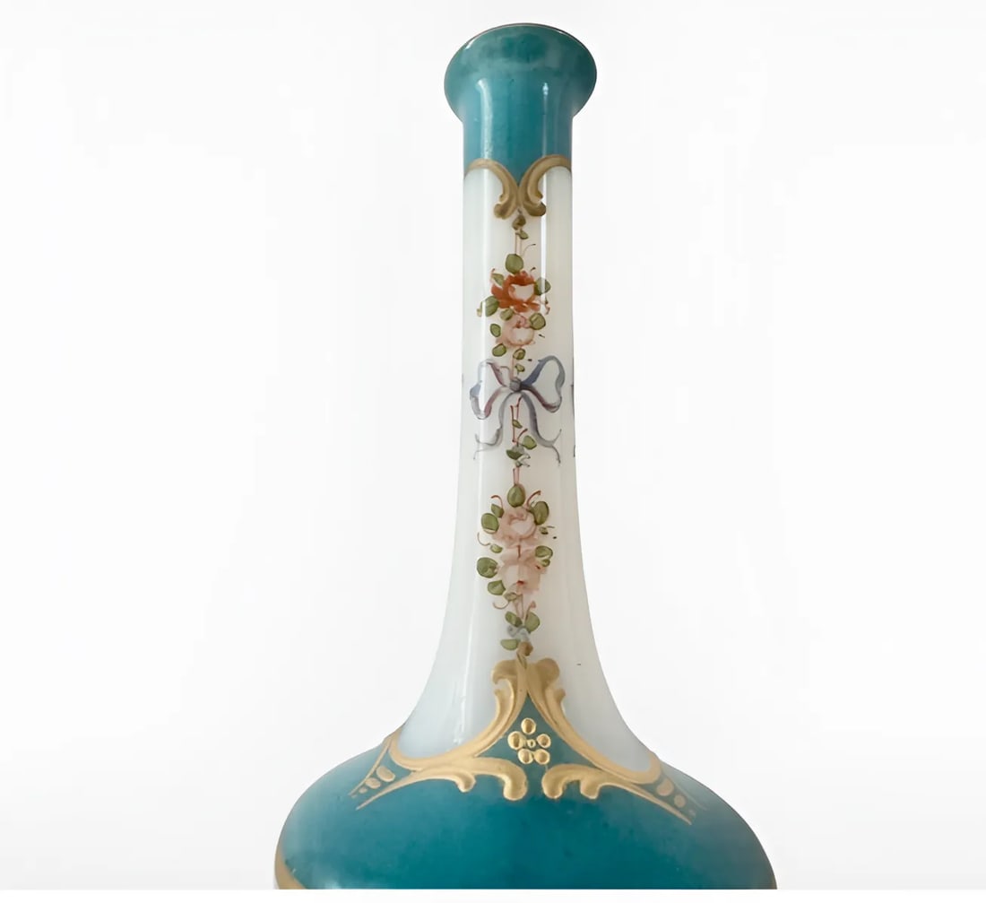 Antique French Opaline Glass Bud Vase With Gilt Lip, Bows & Flowers, 1900, Paris - 3