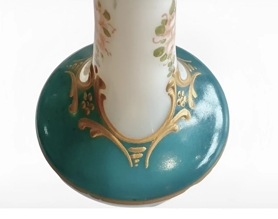 Antique French Opaline Glass Bud Vase With Gilt Lip, Bows & Flowers, 1900, Paris - 5