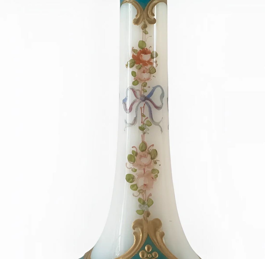 Antique French Opaline Glass Bud Vase With Gilt Lip, Bows & Flowers, 1900, Paris - 9