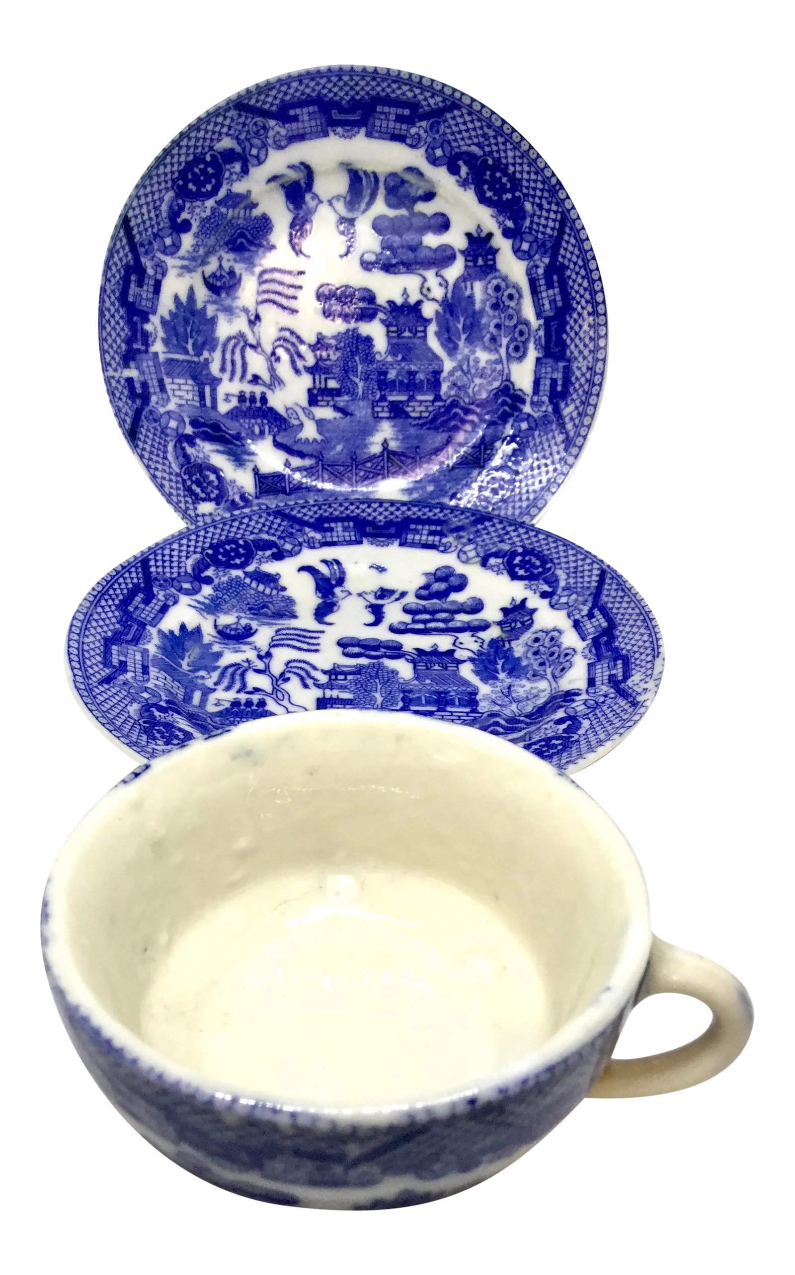 Japanese Blue Willow Plates and Cup - Set of 3: Have not found this mark on other Willow Ware Dishes. The cup is a different tone of blue than the plates. The cup is fairly rough although it has no damages. A very unique set indeed for the Willow W