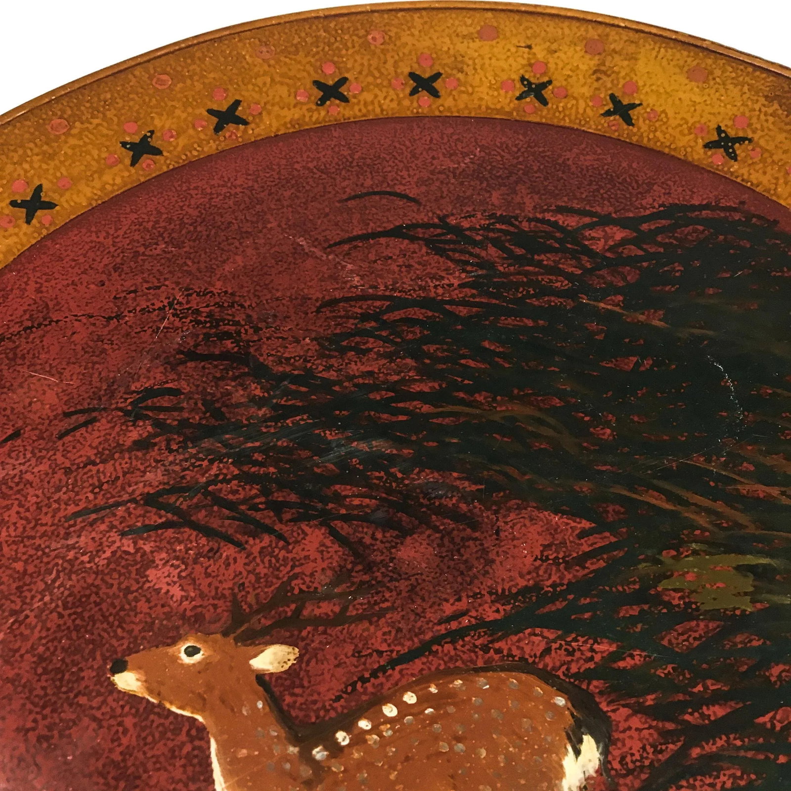 Hand Turned Large Round Vintage Solid Wood Deer Painted Tray - 10