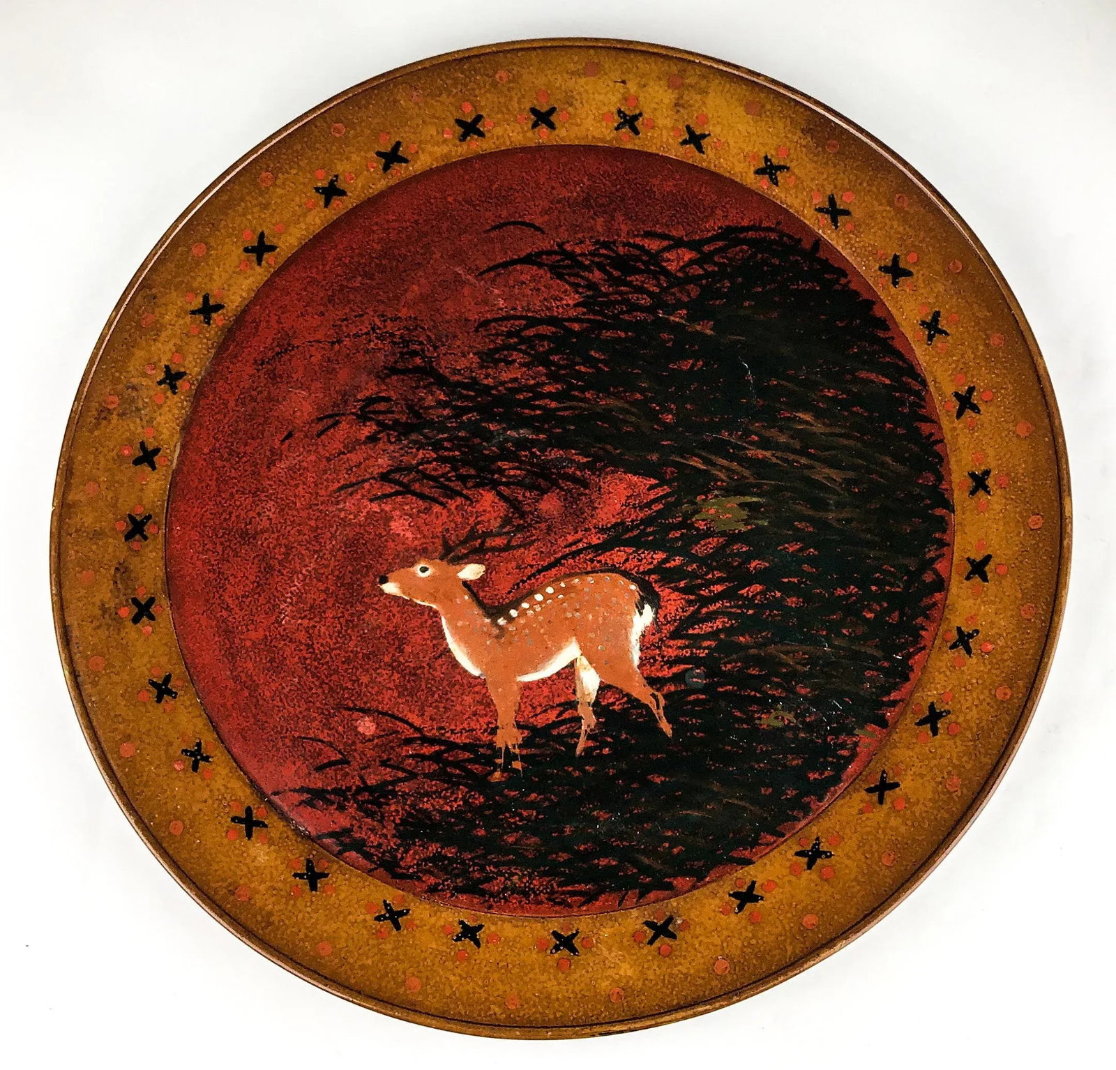 Hand Turned Large Round Vintage Solid Wood Deer Painted Tray - 13