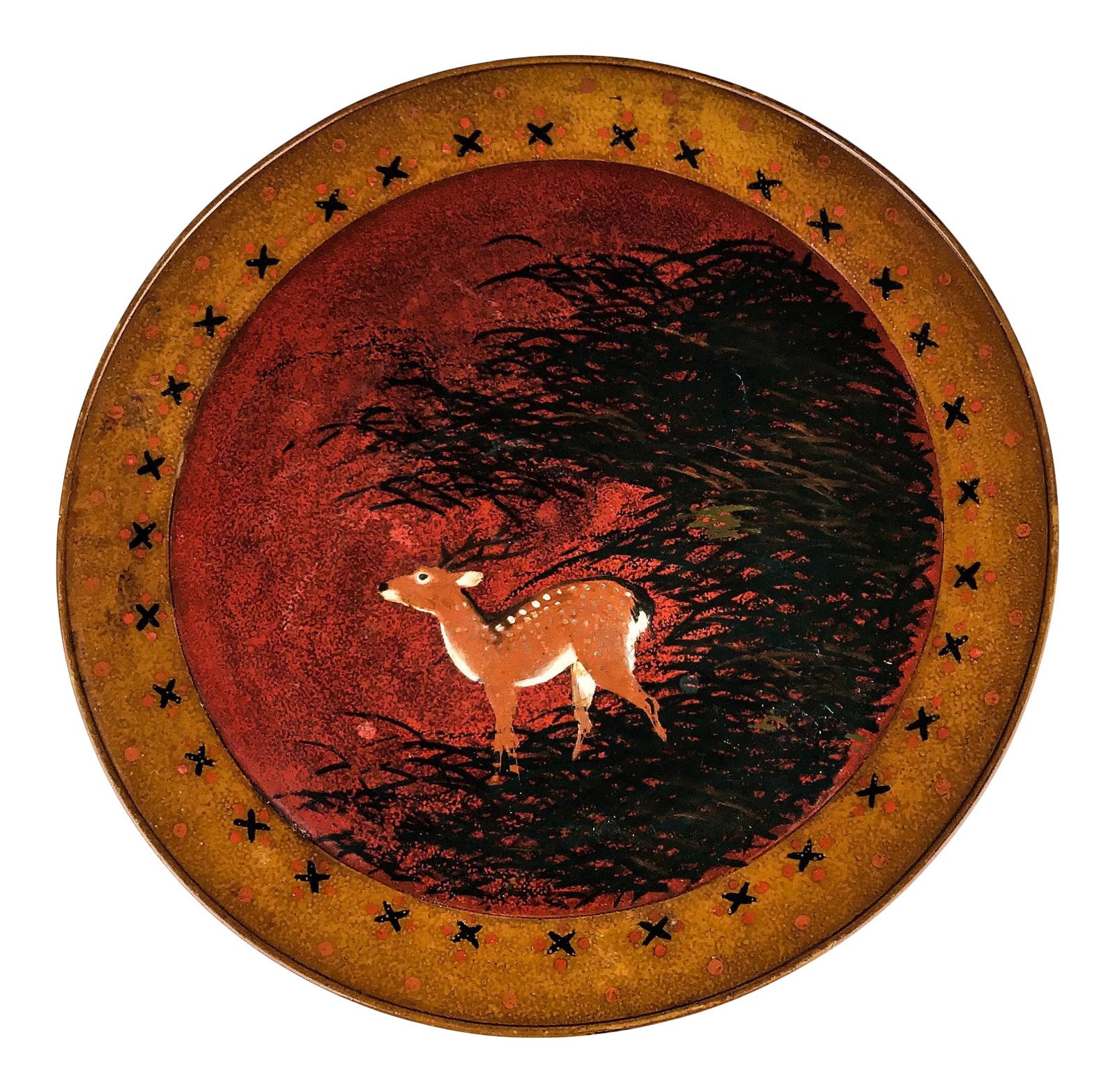 Hand Turned Large Round Vintage Solid Wood Deer Painted Tray: Very unique large wood tray which has been hand carved and beautifully painted and lacquered in which to serve your guests. Probably from the 1920s. Not sure the type of wood. In wonderful condition