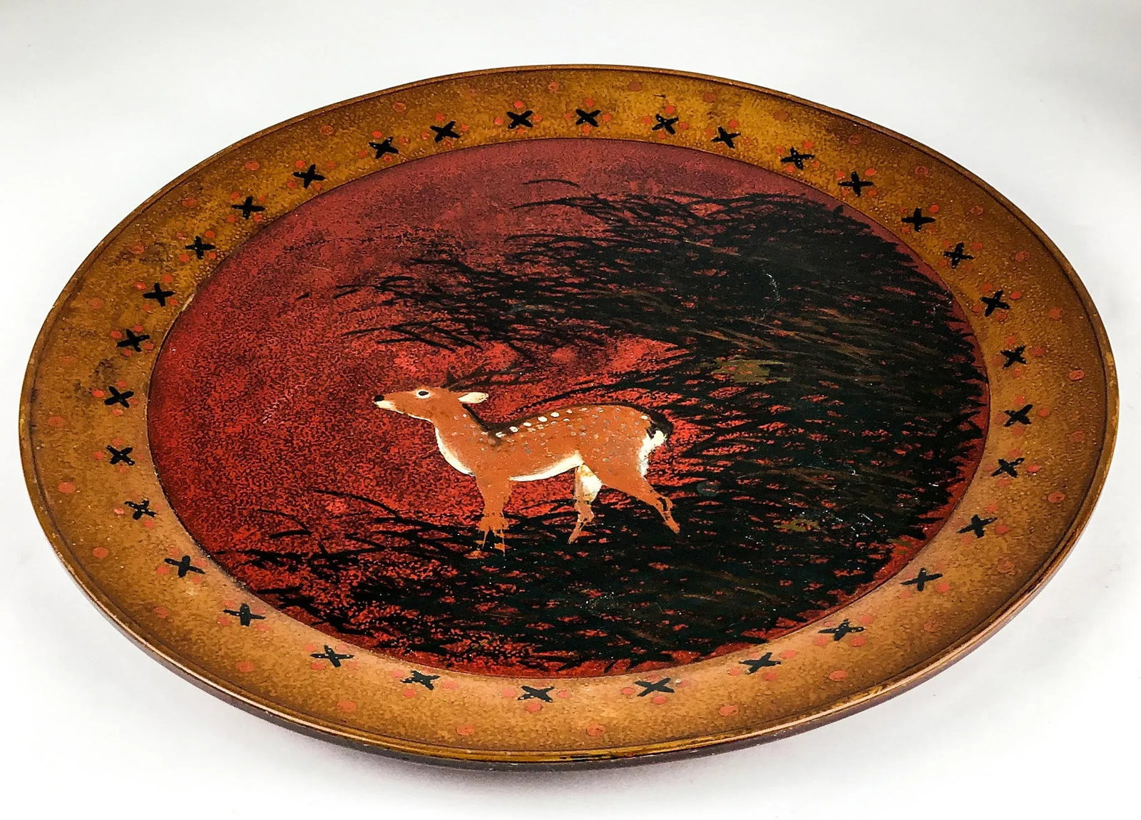 Hand Turned Large Round Vintage Solid Wood Deer Painted Tray - 2