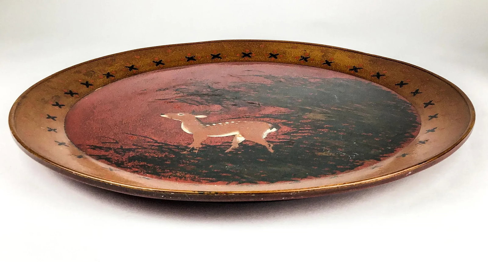 Hand Turned Large Round Vintage Solid Wood Deer Painted Tray - 3
