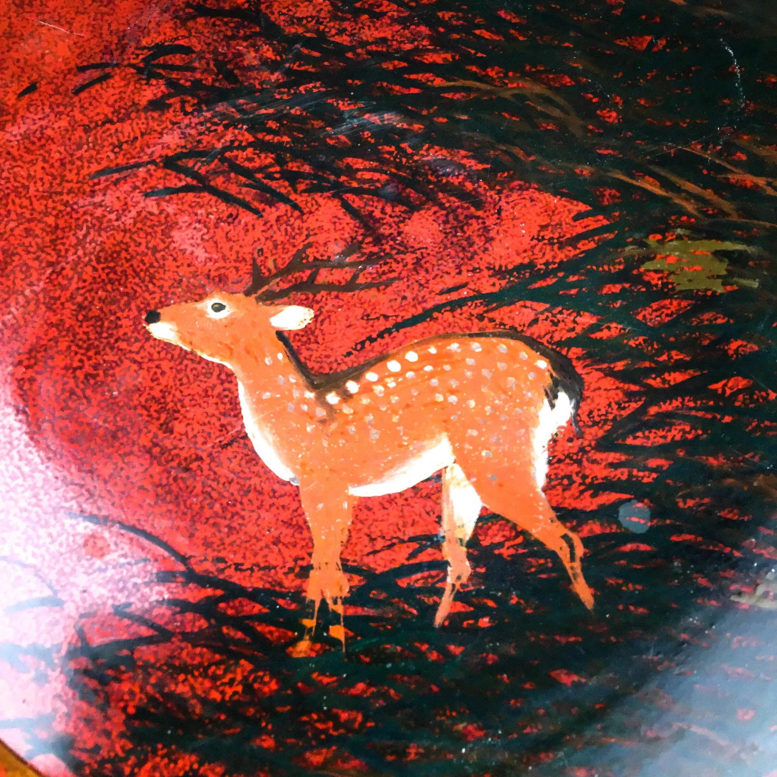 Hand Turned Large Round Vintage Solid Wood Deer Painted Tray - 5