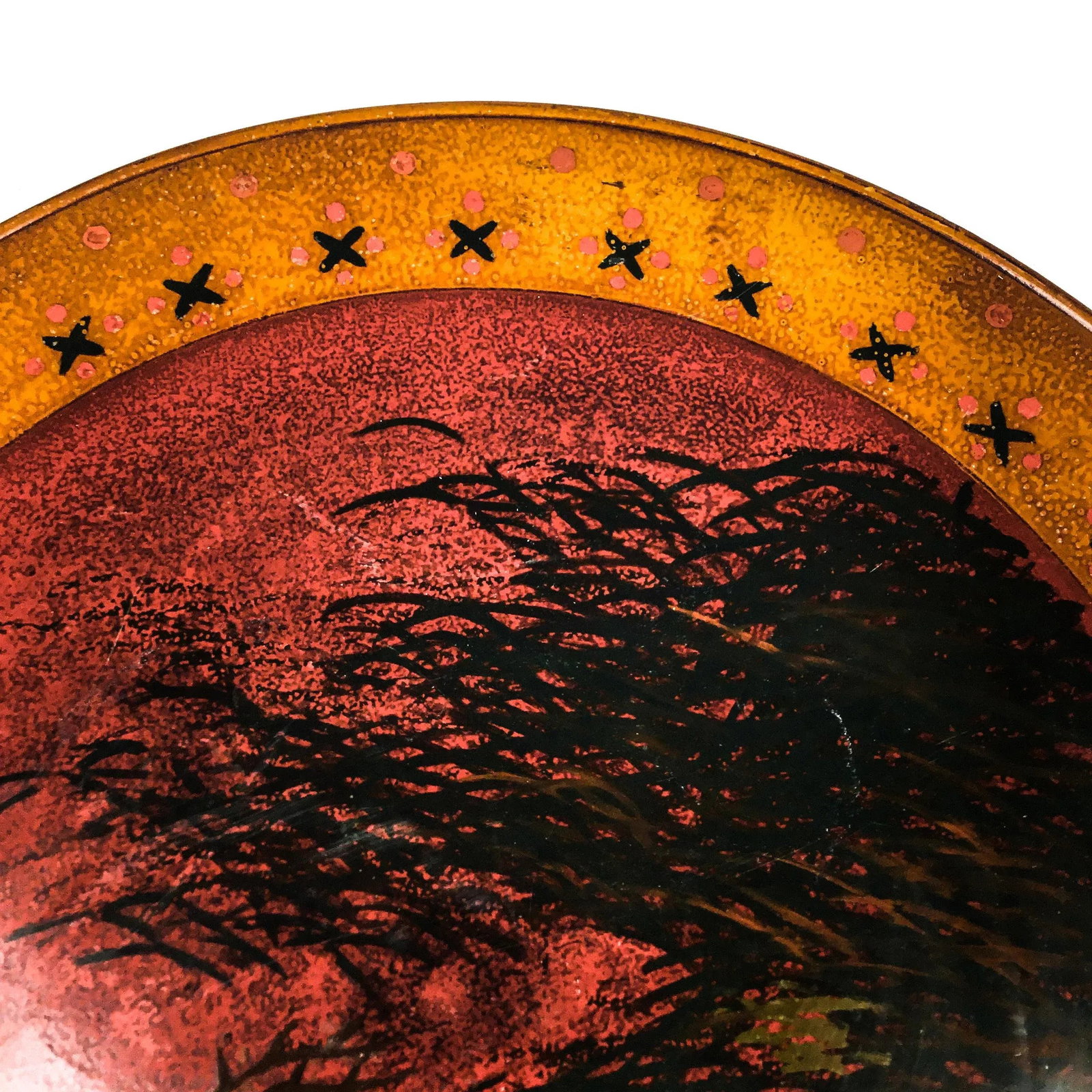 Hand Turned Large Round Vintage Solid Wood Deer Painted Tray - 6