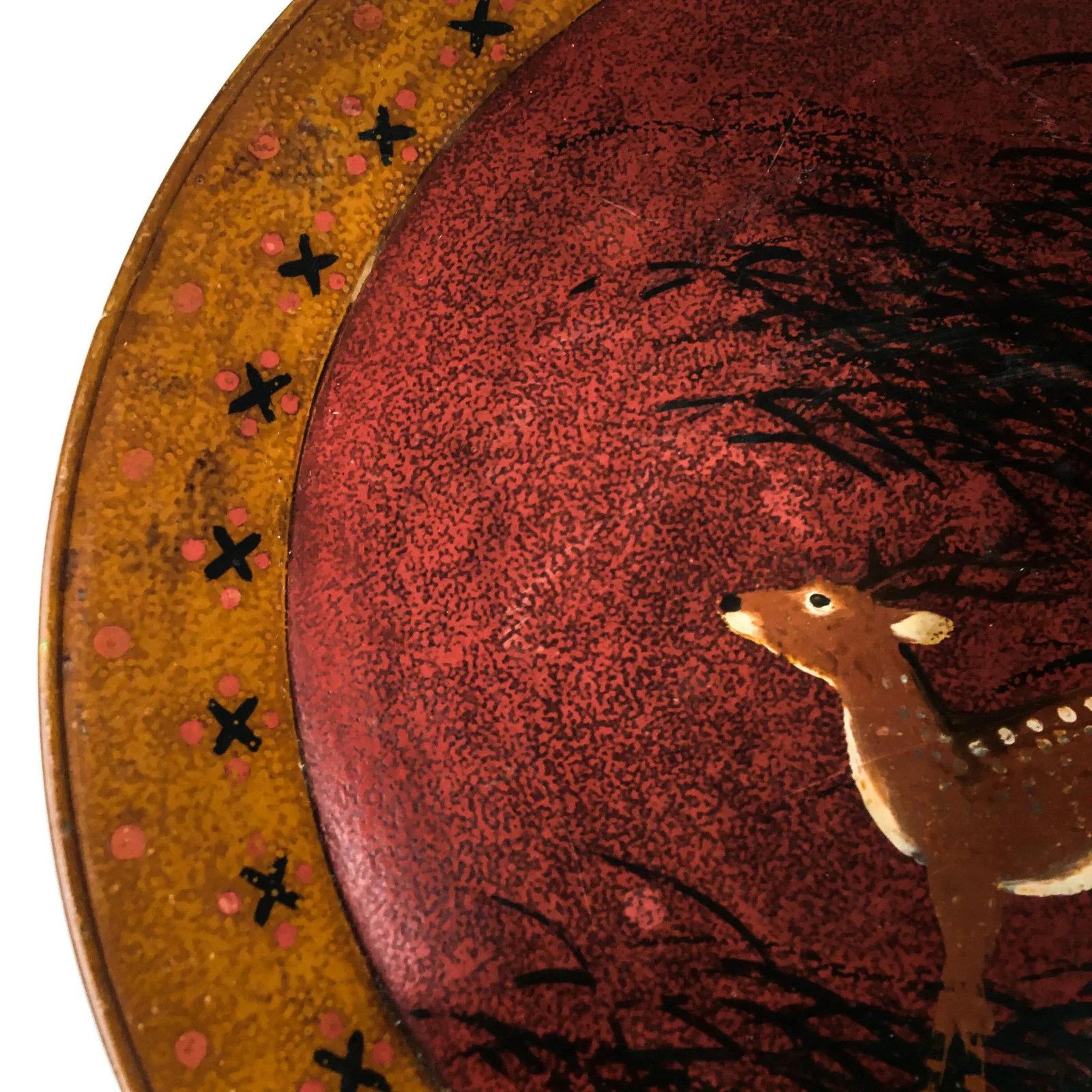 Hand Turned Large Round Vintage Solid Wood Deer Painted Tray - 7