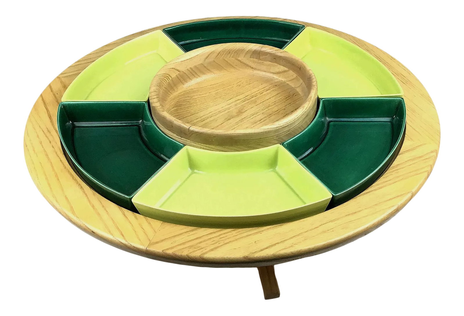 1950s Mid Century Lazy Susan Appetizer Set - Set of 8: Colorful and fun design. You have seen these in movies and TV. Now you can have the original version. From the 50s and used once. Turntable holds 6 ceramic sections 8" x 4" to fill with anything you