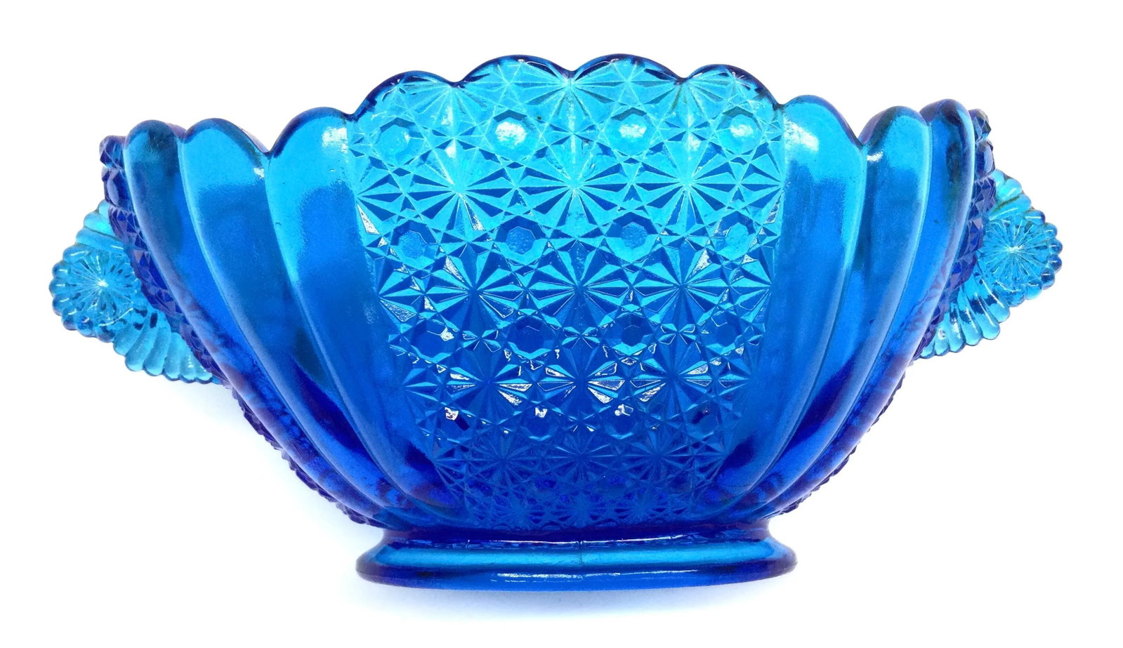 Vintage Blue Azure Cut Glass Serving Bowl - 11