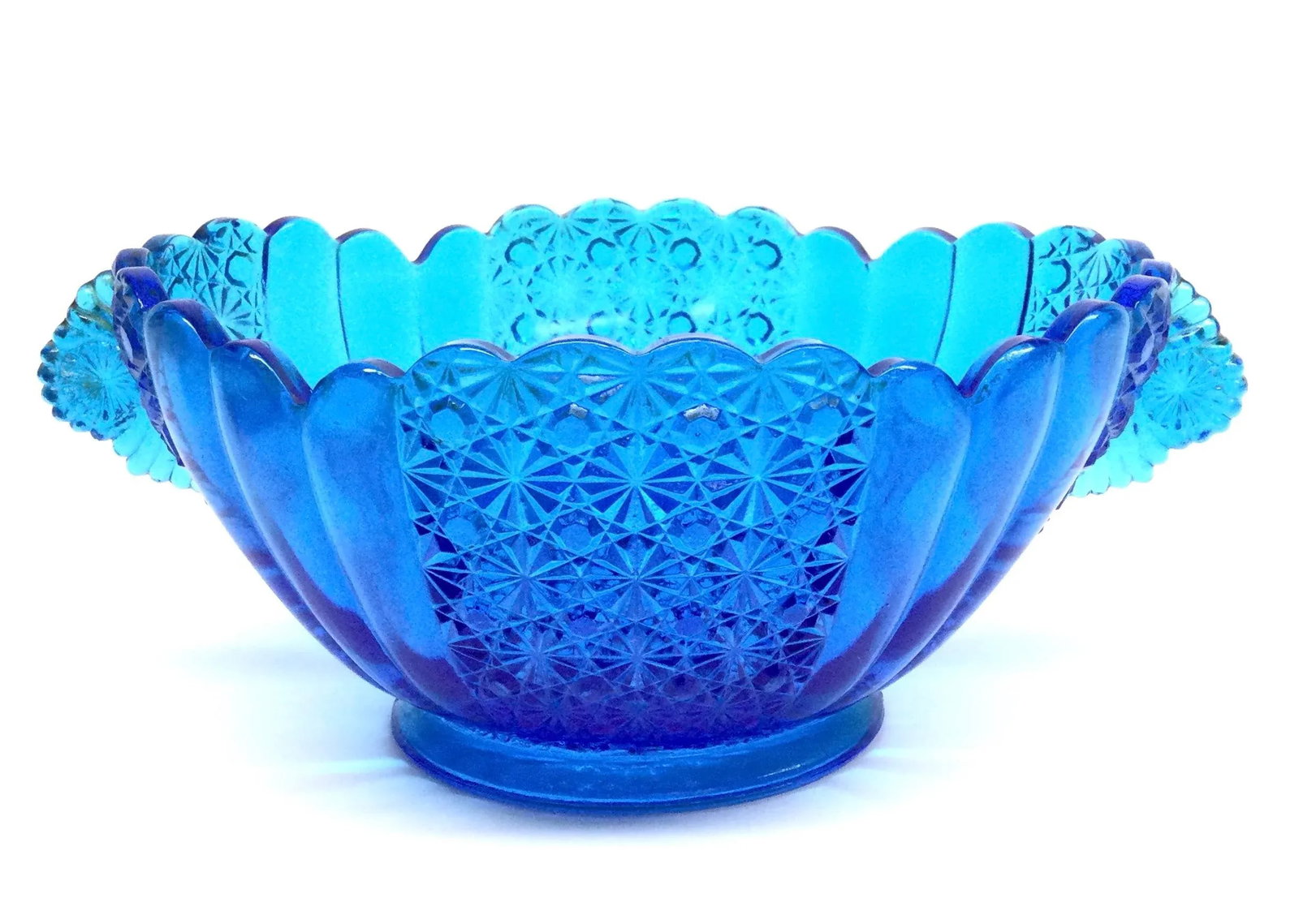 Vintage Blue Azure Cut Glass Serving Bowl - 12