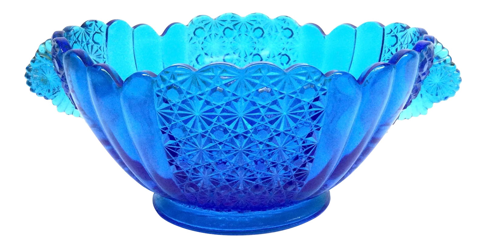 Vintage Blue Azure Cut Glass Serving Bowl: Rare blue cut large glass fruit bowl in perfect condition. Just look at the details and the gorgeous color. Gift worthy indeed. Condition: Alterations: Original Condition Unaltered Imperfections: