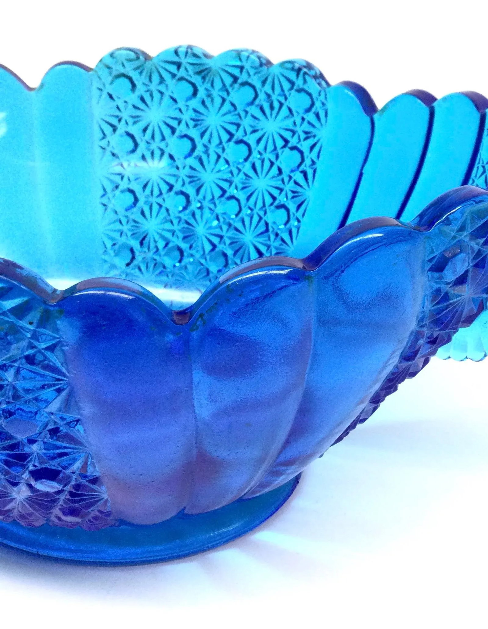 Vintage Blue Azure Cut Glass Serving Bowl - 2
