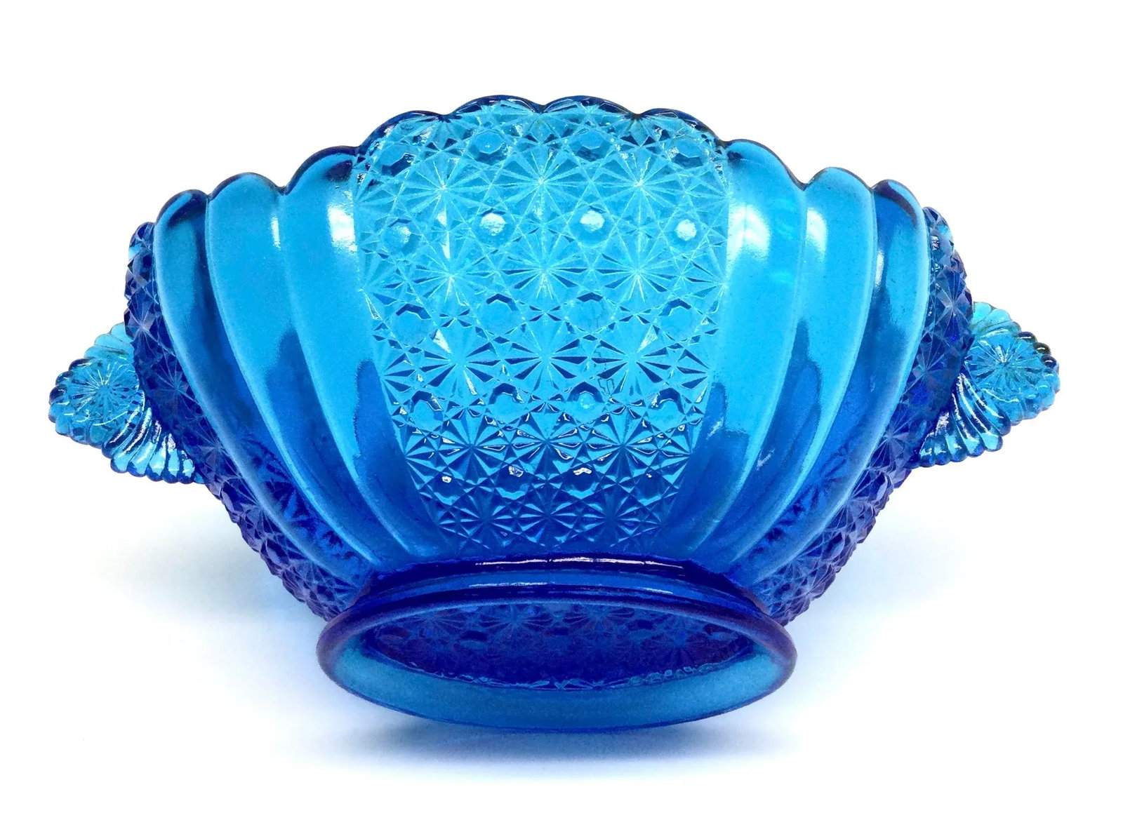 Vintage Blue Azure Cut Glass Serving Bowl - 4