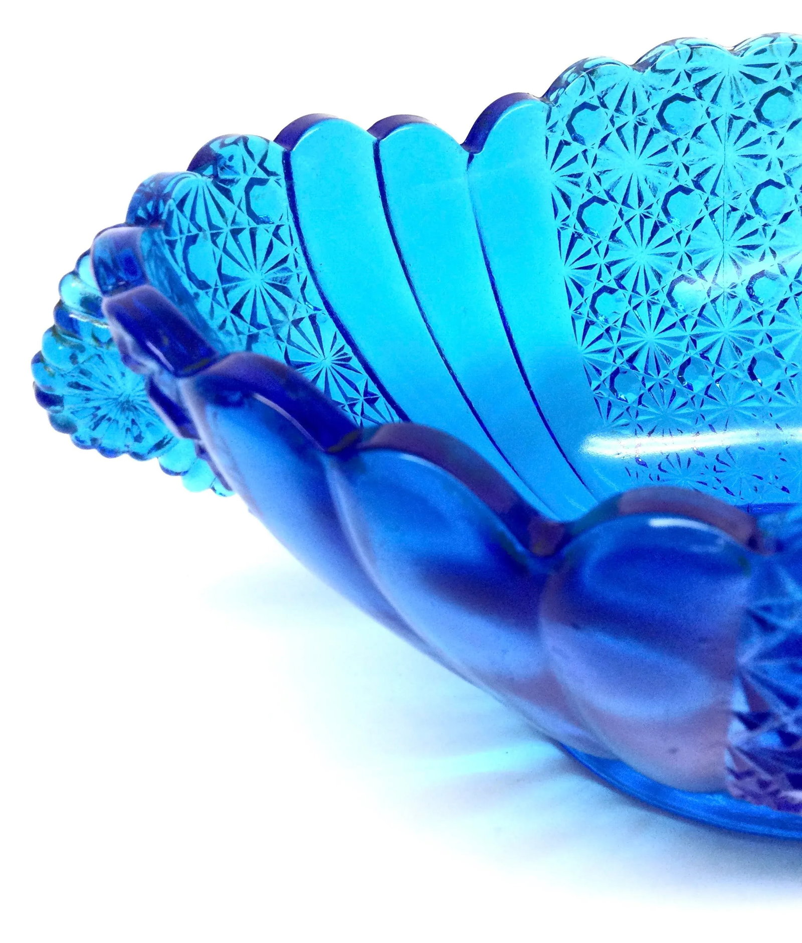 Vintage Blue Azure Cut Glass Serving Bowl - 5