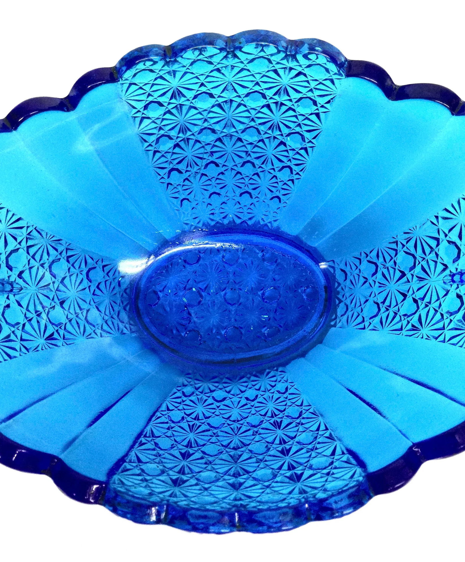 Vintage Blue Azure Cut Glass Serving Bowl - 8