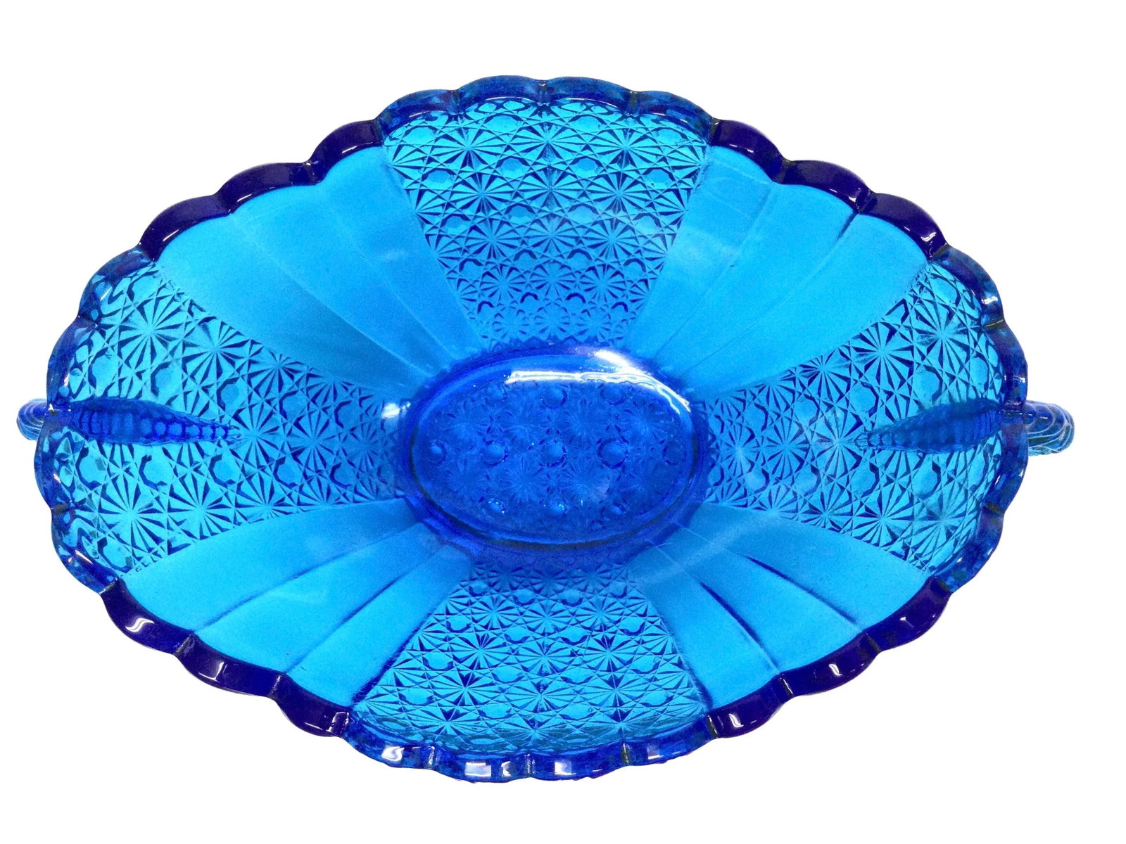 Vintage Blue Azure Cut Glass Serving Bowl - 9
