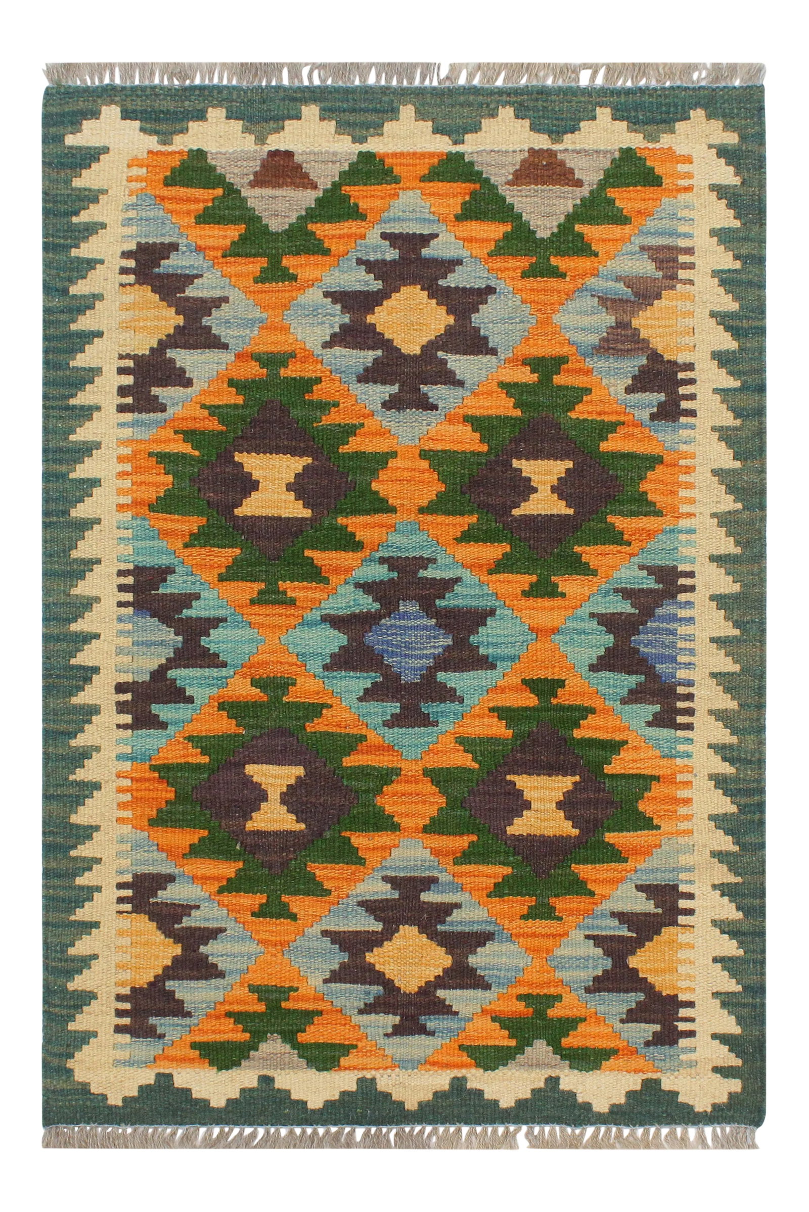 1990s 1990s Tribal Kilim Rust/Blue Hand-Woven Rug 2'0" X 2'11": Add a touch of elegance to your home with this casual chic hand woven Tribal Kilim wool rug. Constructed on a loom by Nomad Turkman people with hand spun wool and 100% Natural Vegetable dyes these