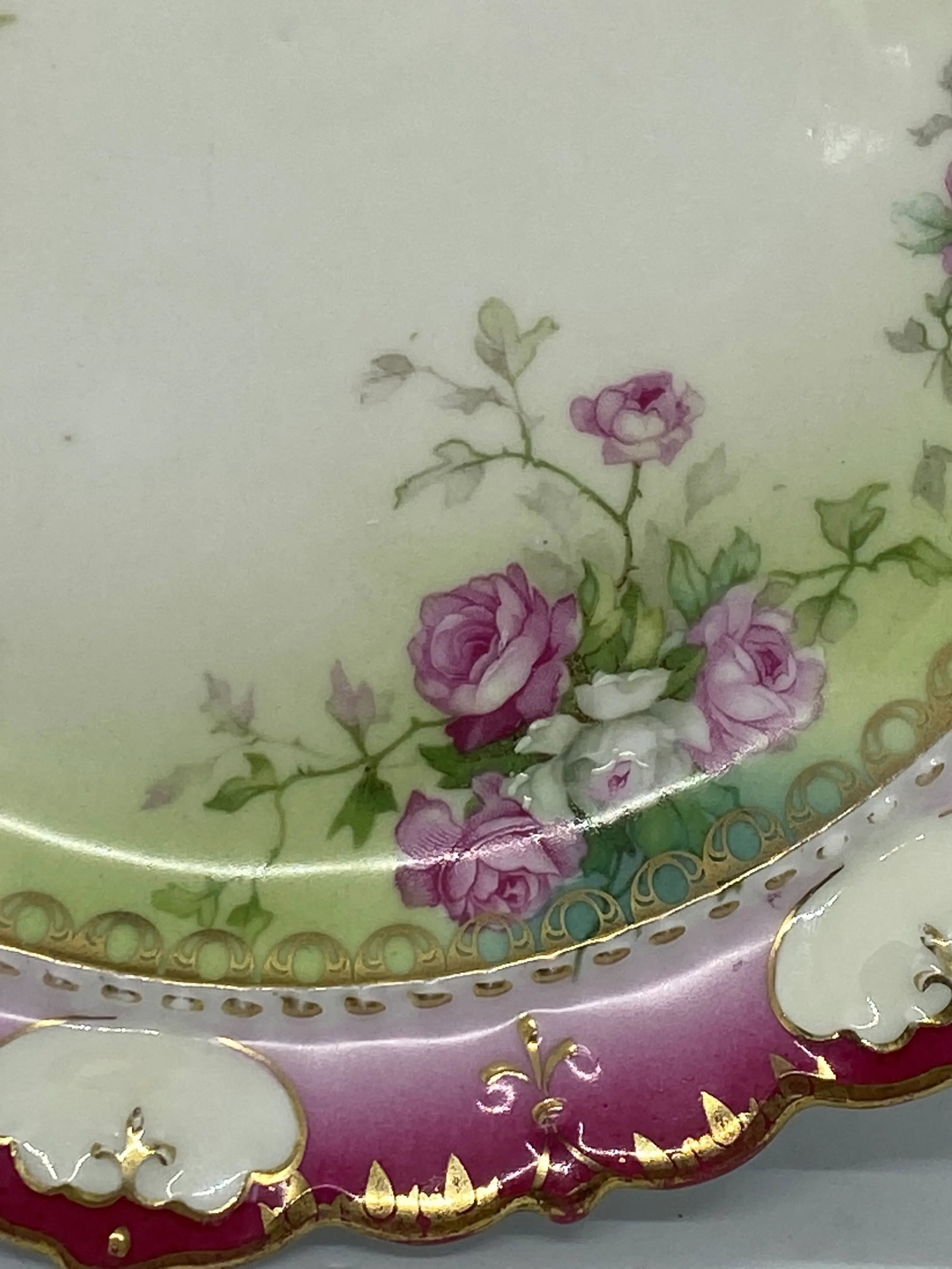1884-1909 Moritz Zdekauer M Z Austria Pink Roses Design Porcelain Plate - 11