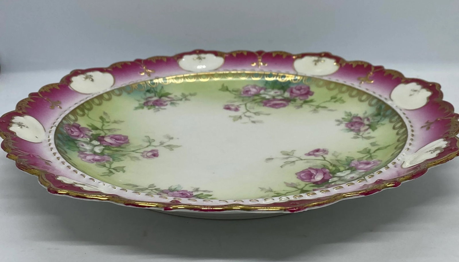 1884-1909 Moritz Zdekauer M Z Austria Pink Roses Design Porcelain Plate - 12