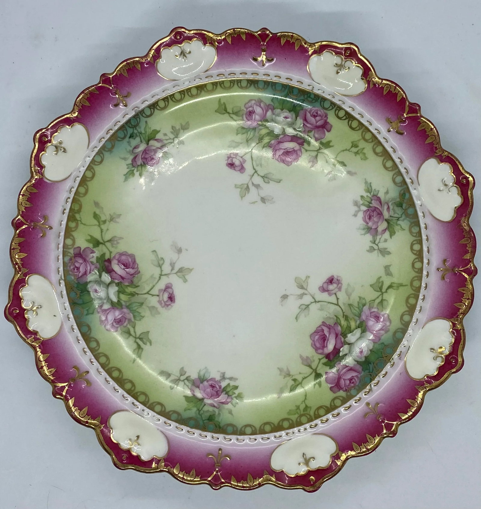 1884-1909 Moritz Zdekauer M Z Austria Pink Roses Design Porcelain Plate - 13