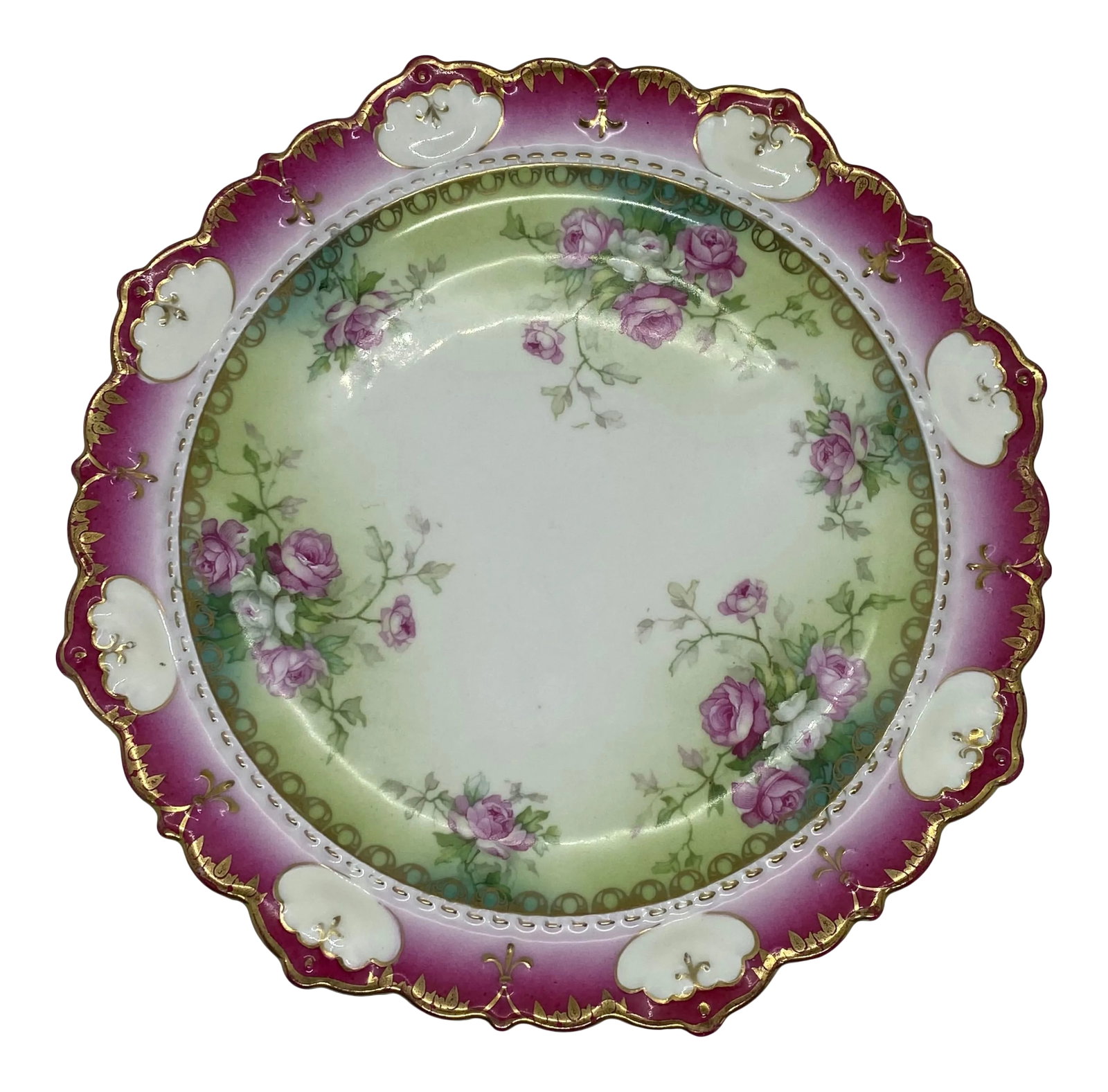 1884-1909 Moritz Zdekauer M Z Austria Pink Roses Design Porcelain Plate: Beautiful Moritz Zdekauer (MZ) Austria Pink Roses Design Plate (c. 1884-1909). This lovely porcelain plate is hand-painted and decorated in the Arts and Crafts period. It has pinks, whites, and greens
