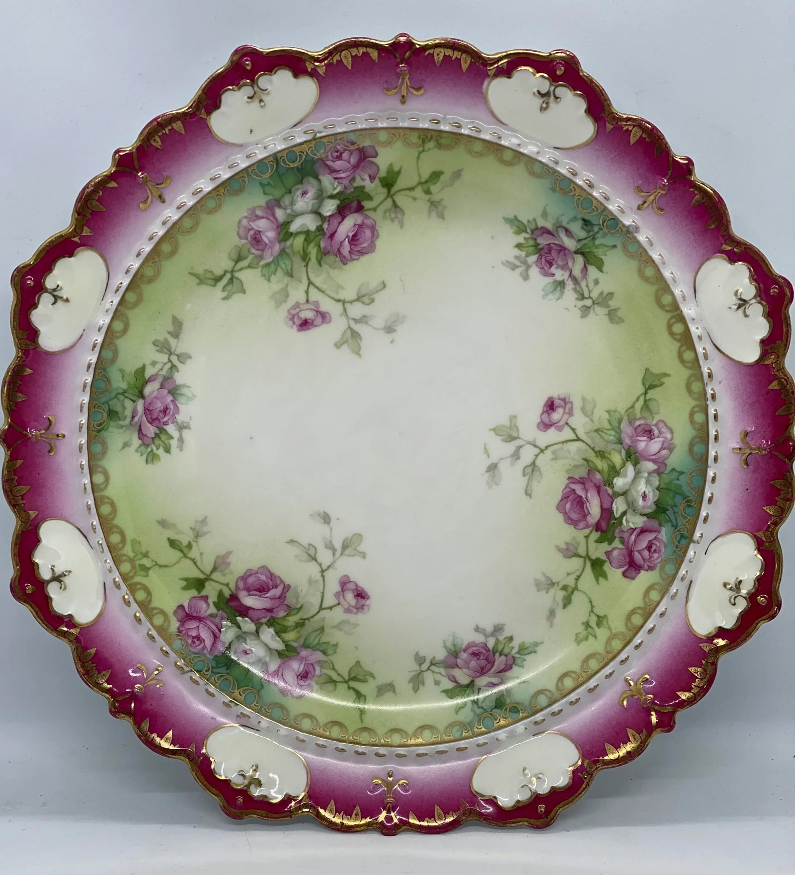 1884-1909 Moritz Zdekauer M Z Austria Pink Roses Design Porcelain Plate - 3