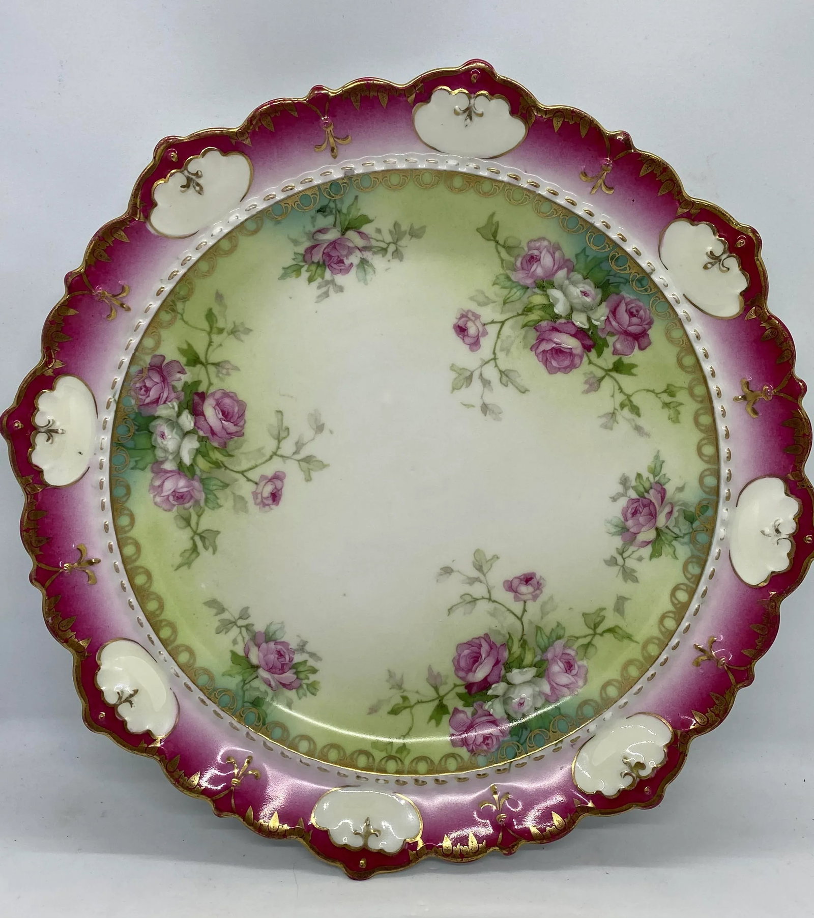 1884-1909 Moritz Zdekauer M Z Austria Pink Roses Design Porcelain Plate - 7