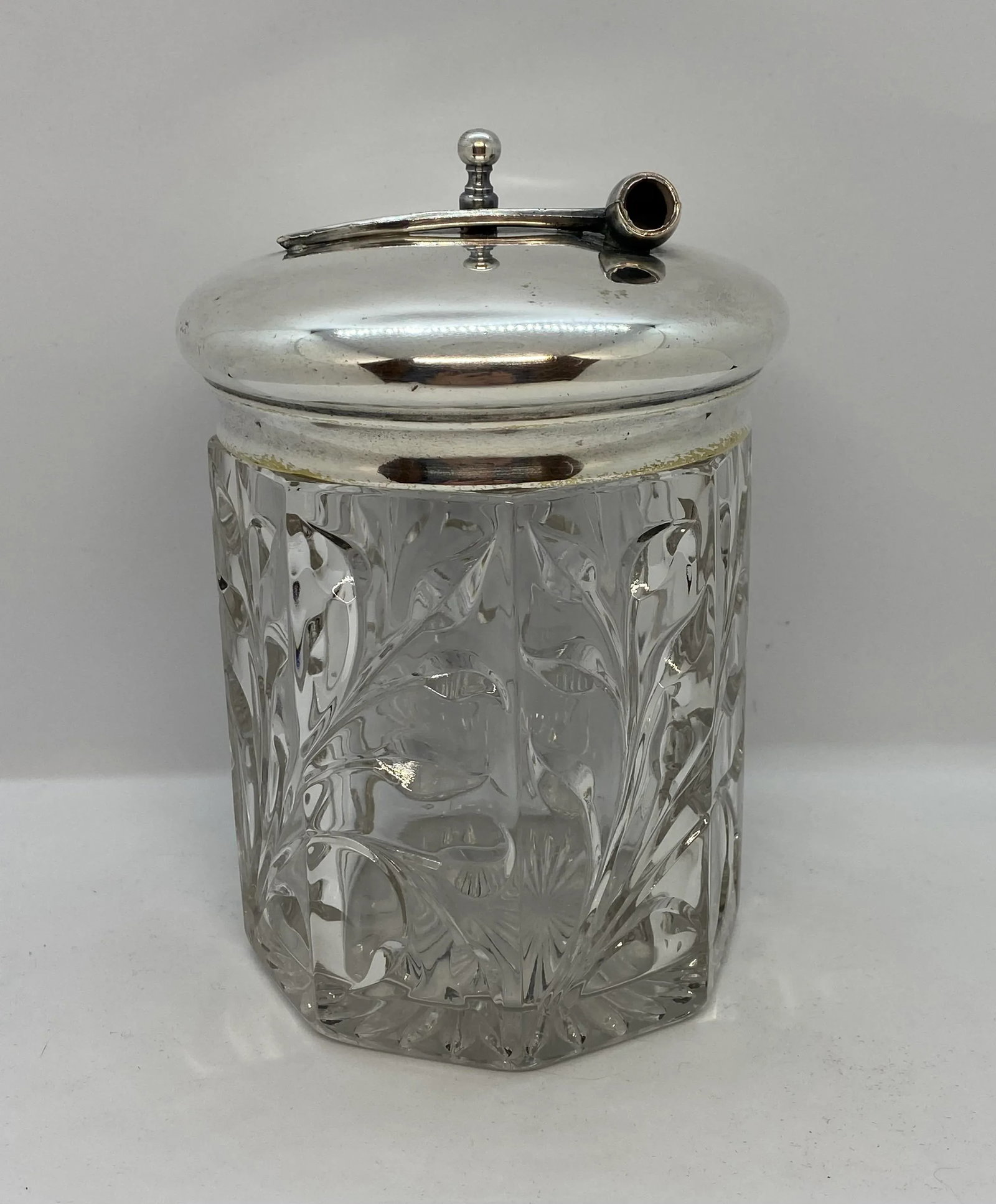 1920's Arts & Crafts Glass Pipe Tobacco Humidor With Pipe Design Lid - 12