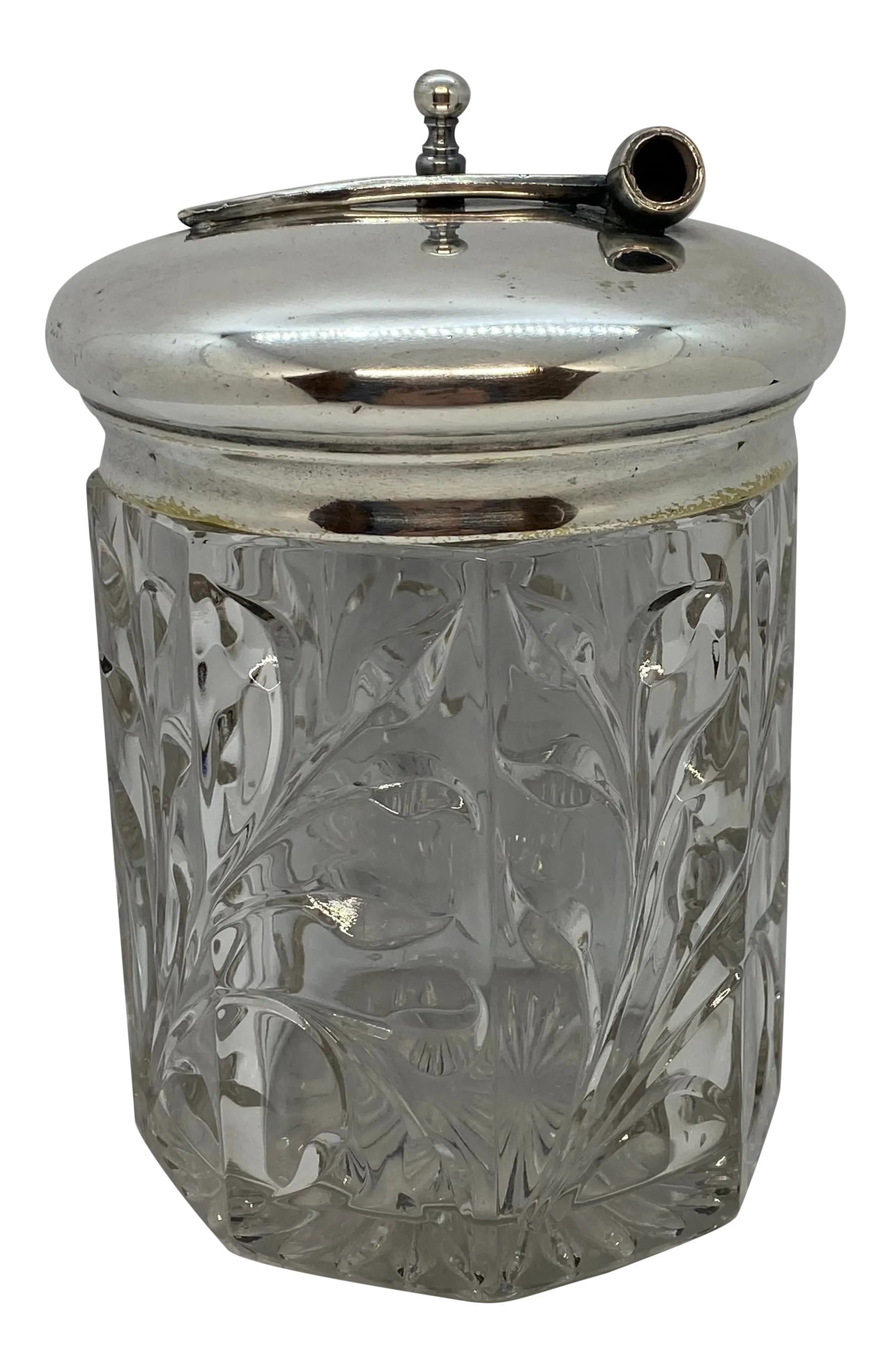 1920's Arts & Crafts Glass Pipe Tobacco Humidor With Pipe Design Lid (1 of 12)
