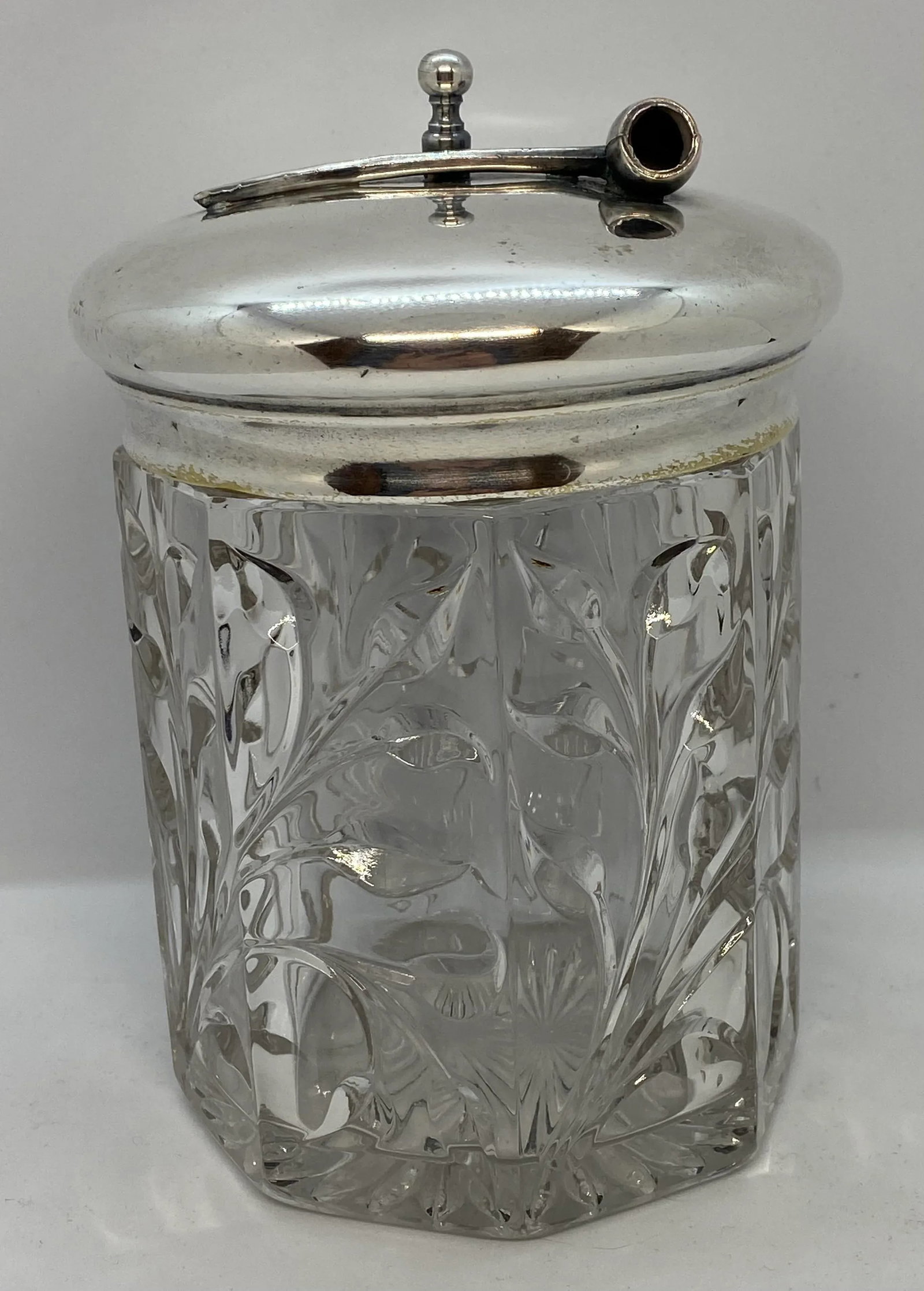 1920's Arts & Crafts Glass Pipe Tobacco Humidor With Pipe Design Lid - 2
