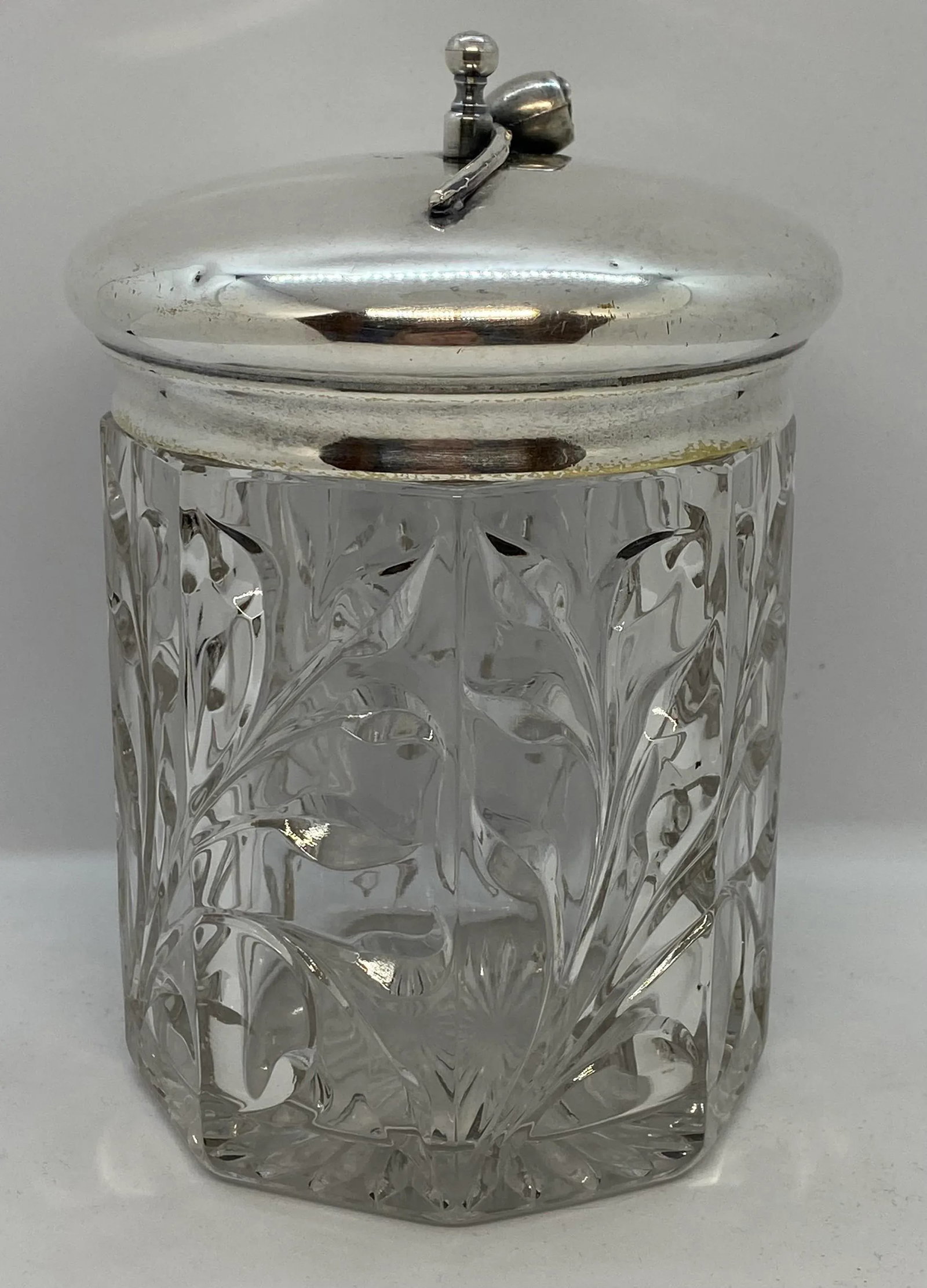 1920's Arts & Crafts Glass Pipe Tobacco Humidor With Pipe Design Lid - 3