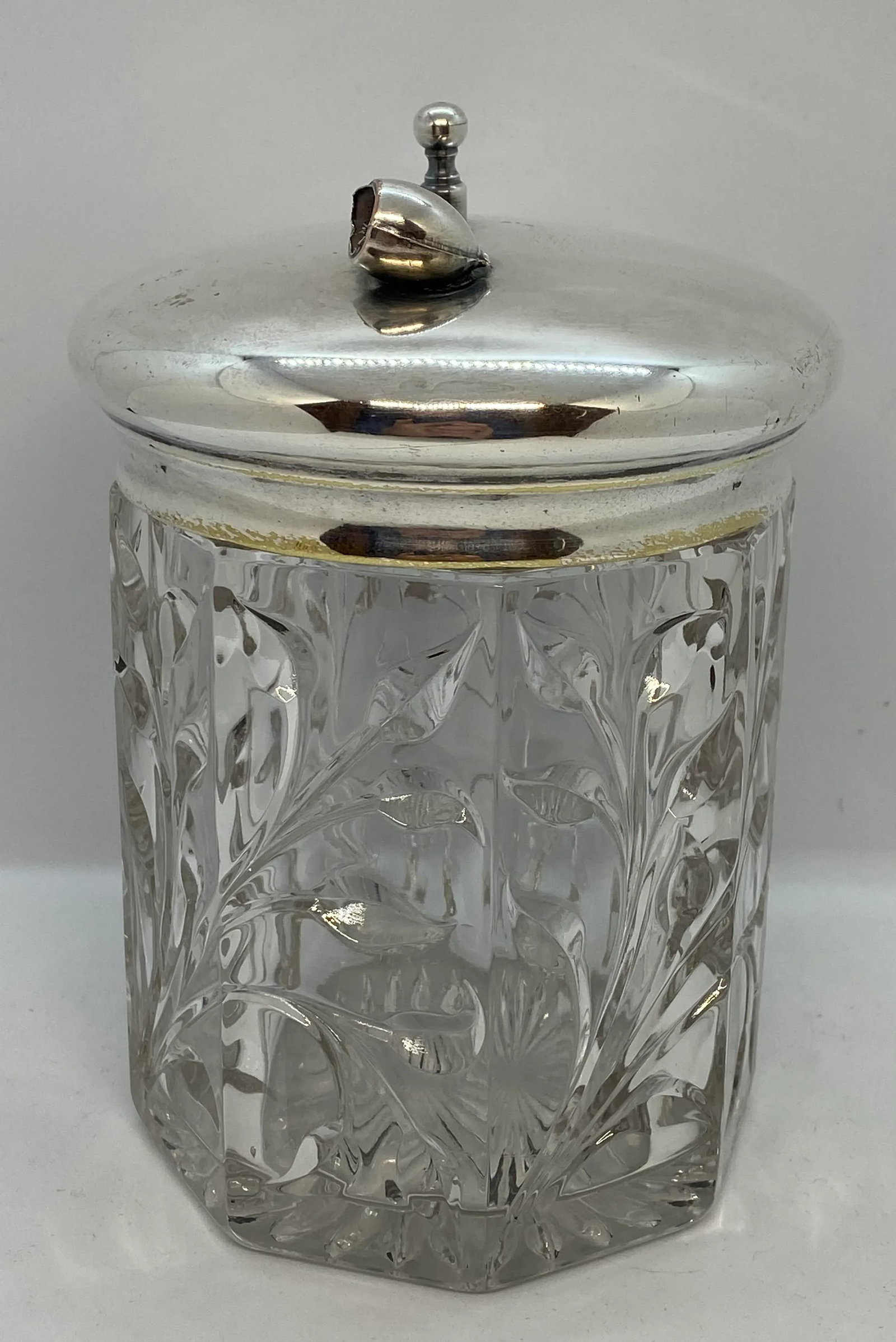 1920's Arts & Crafts Glass Pipe Tobacco Humidor With Pipe Design Lid - 5