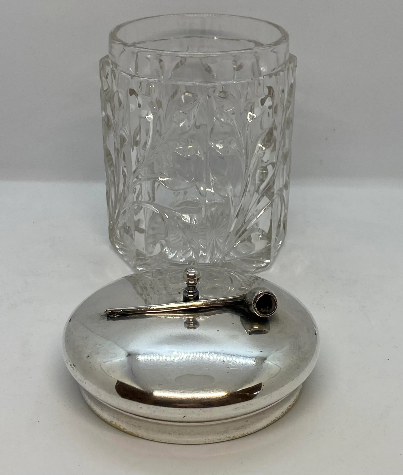 1920's Arts & Crafts Glass Pipe Tobacco Humidor With Pipe Design Lid - 6
