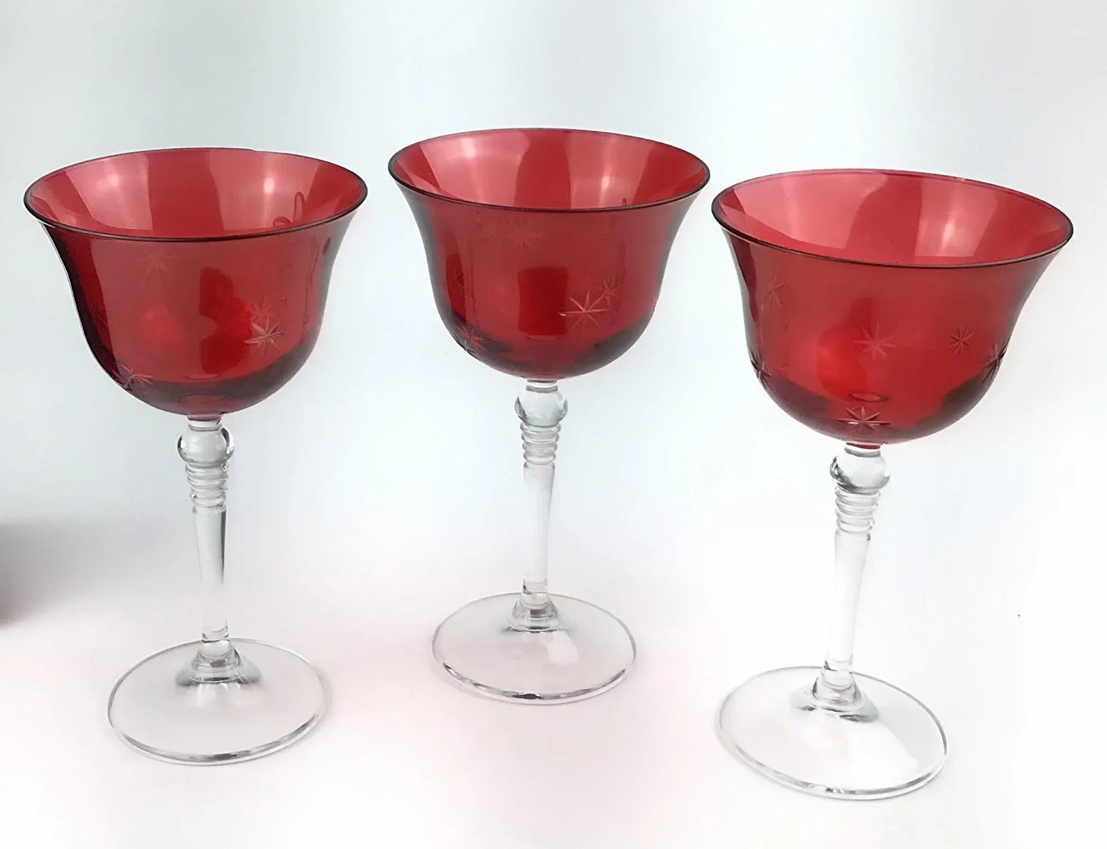 Vintage Red Star Etched Crystal Wine Glasses - Set of 3 - 13