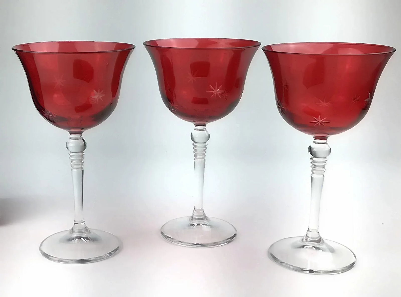 Vintage Red Star Etched Crystal Wine Glasses - Set of 3 - 2