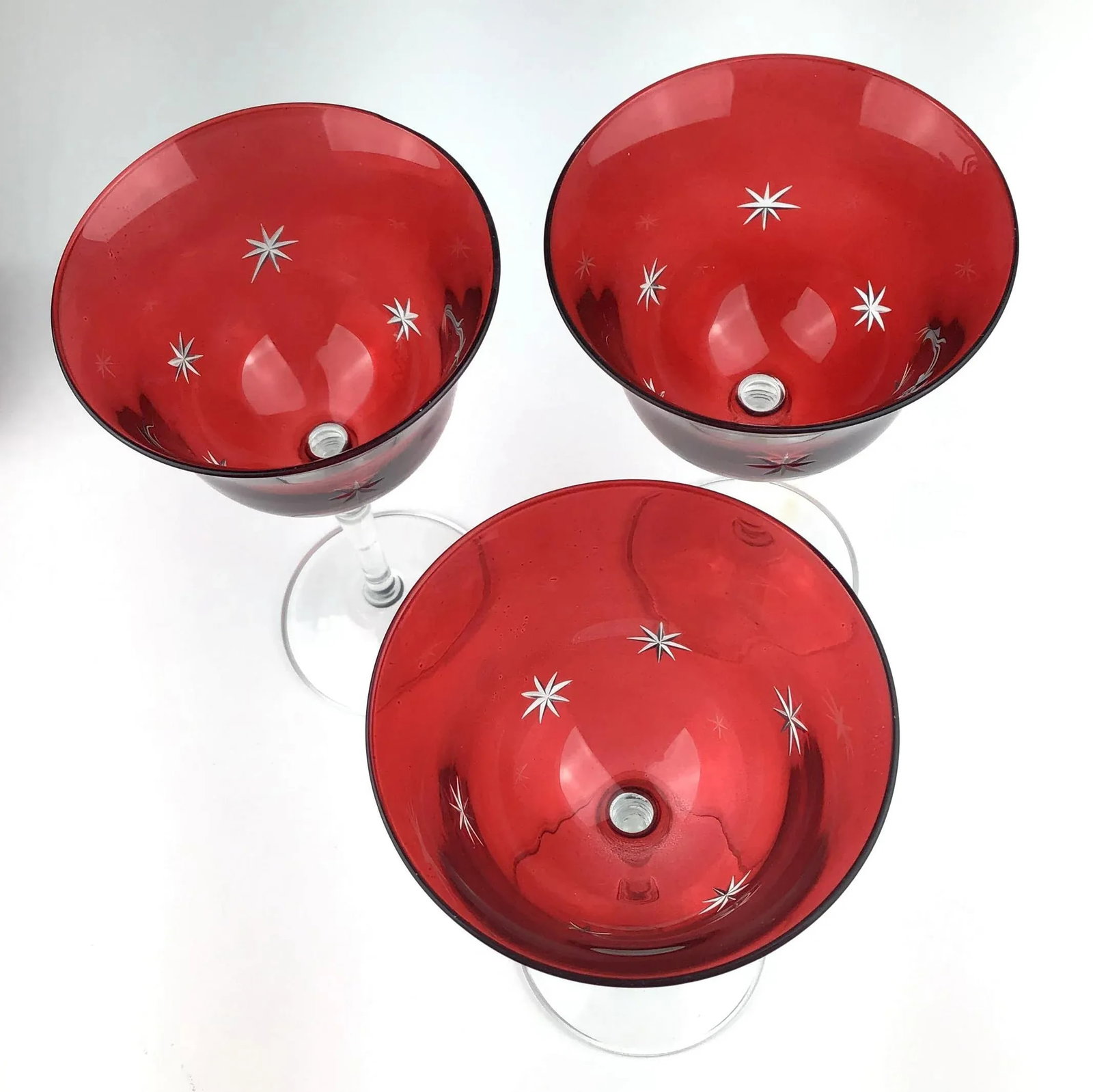 Vintage Red Star Etched Crystal Wine Glasses - Set of 3 - 3