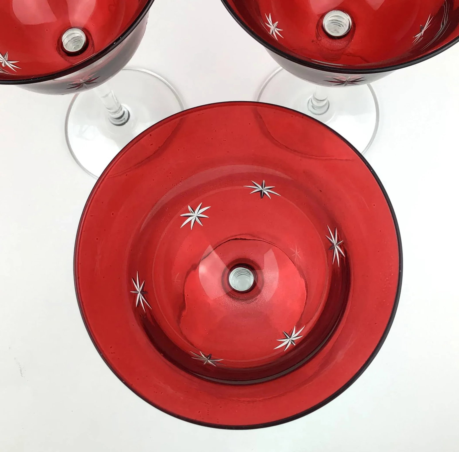 Vintage Red Star Etched Crystal Wine Glasses - Set of 3 - 4