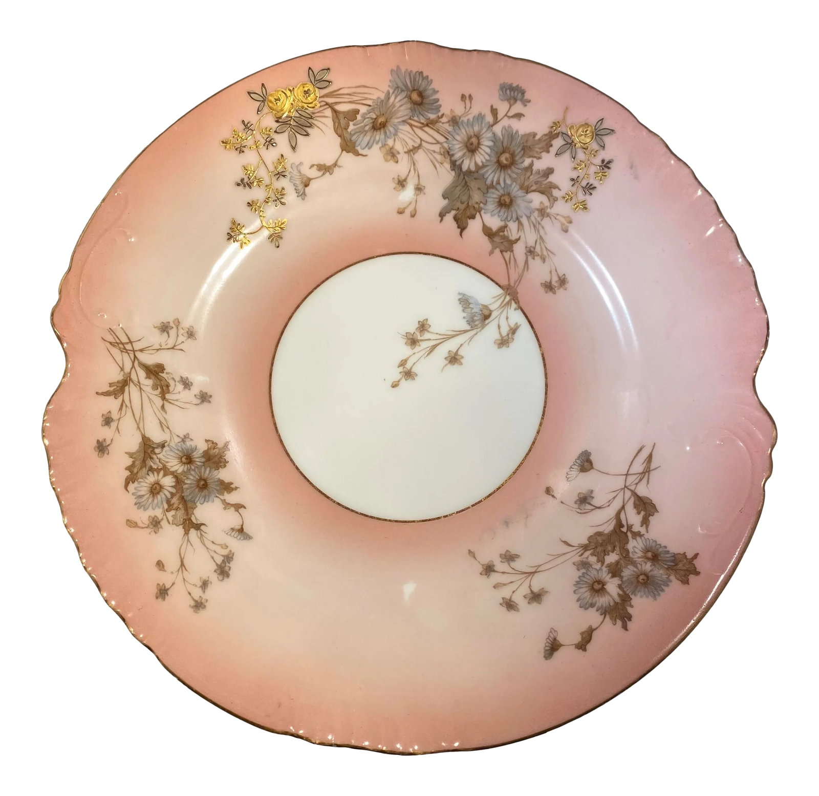 Early 20th Century Limoges France L. Sazerat Porcelain Pink Luncheon Plates With Blue Daisies - Set: Vintage Limoges France L. Sazerat Pink Porcelain 9 1/2" Luncheon Plates (Set of Five). Beautiful plates in very good condition with Blue Daisies, Light Green Foliage, and Gold Embossed Vines with